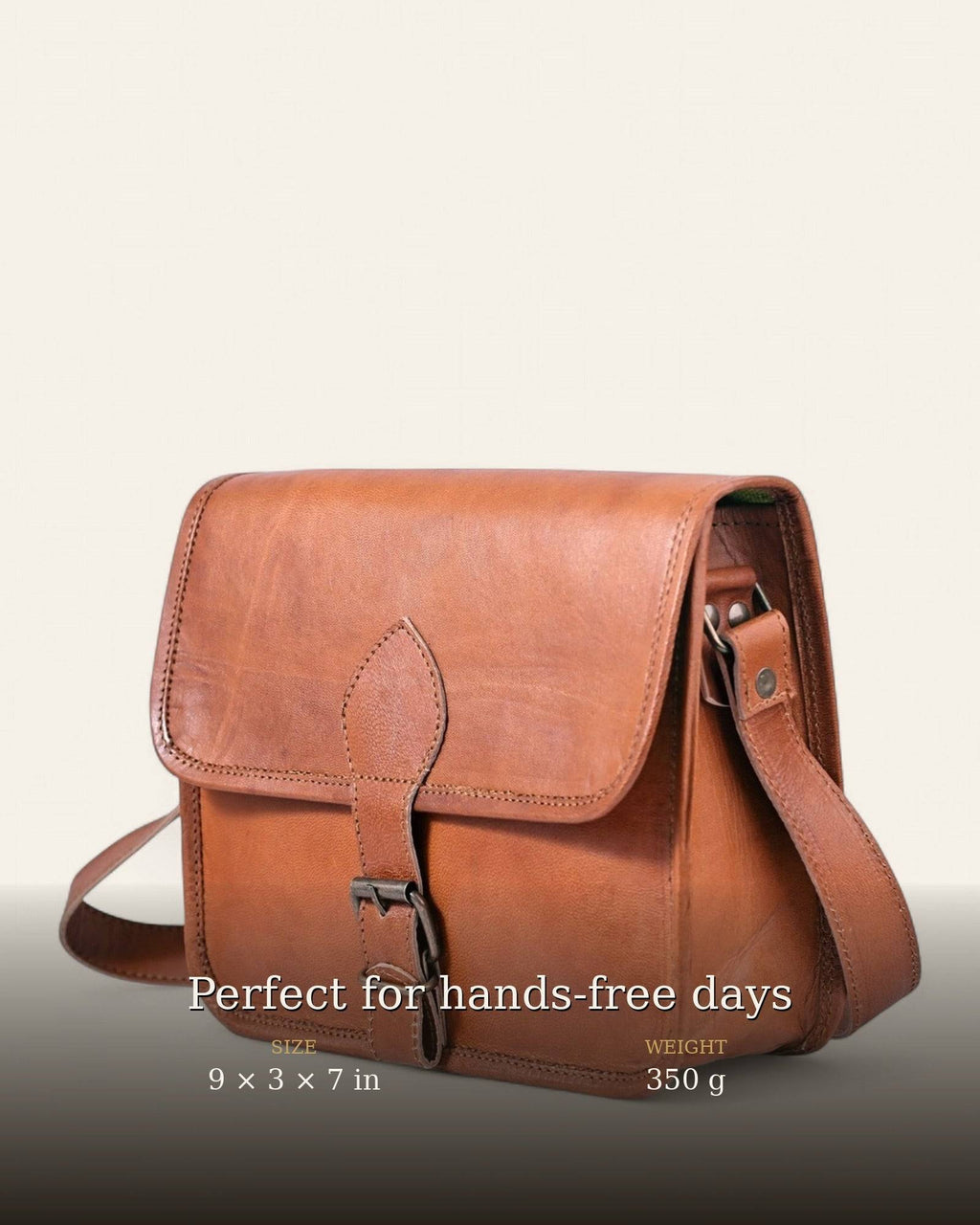 The Runicha Sling — three-quarter view, 9 × 3 × 7 in leather crossbody