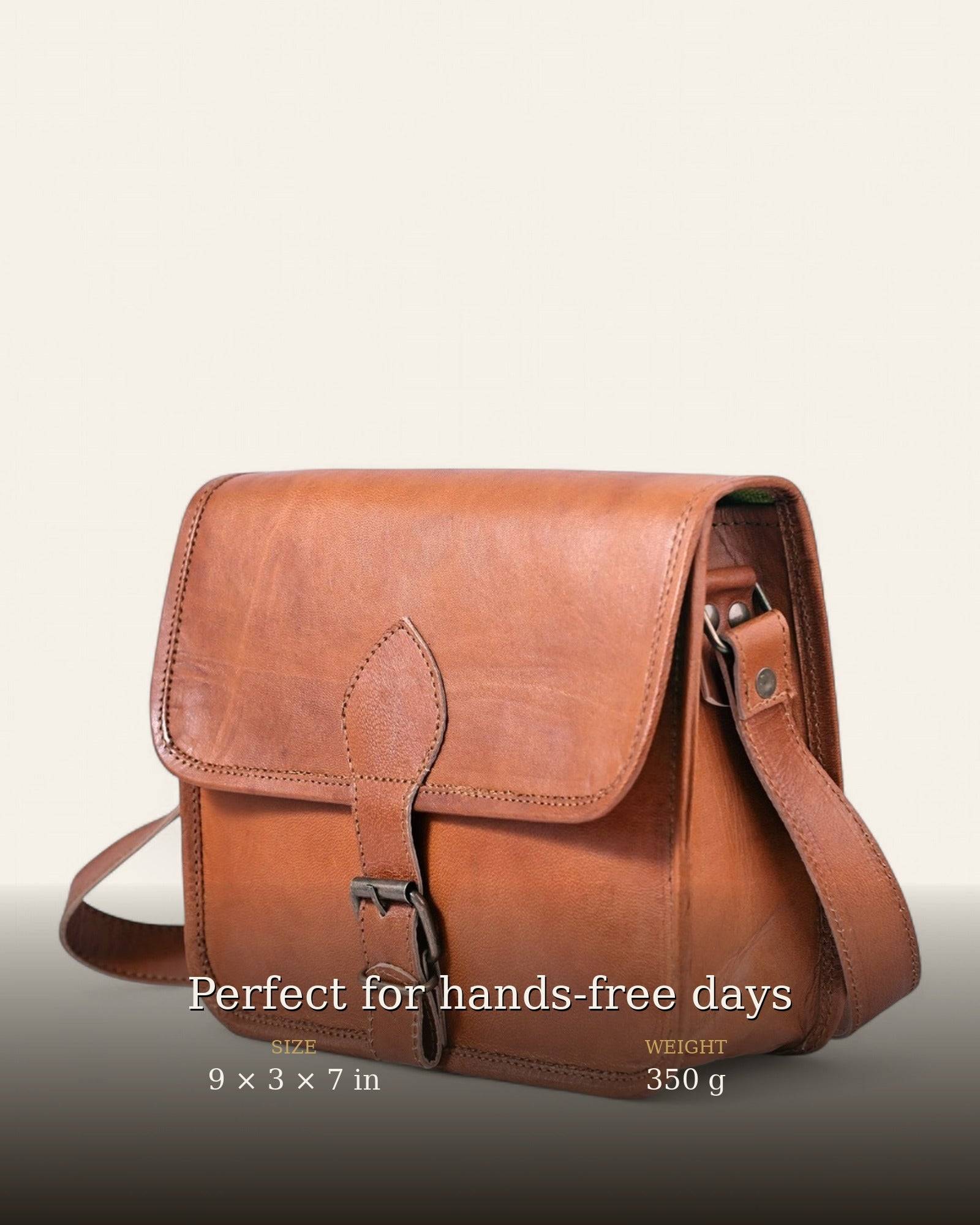 The Runicha Sling — three-quarter view, 9 × 3 × 7 in leather crossbody