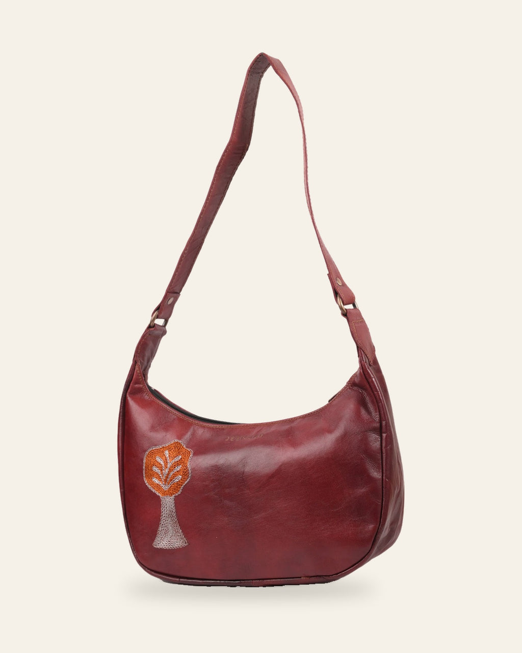The Kashida Shoulder Bag — Padmini Tree of Life motif in Cherry, hand-embroidered real leather, front view