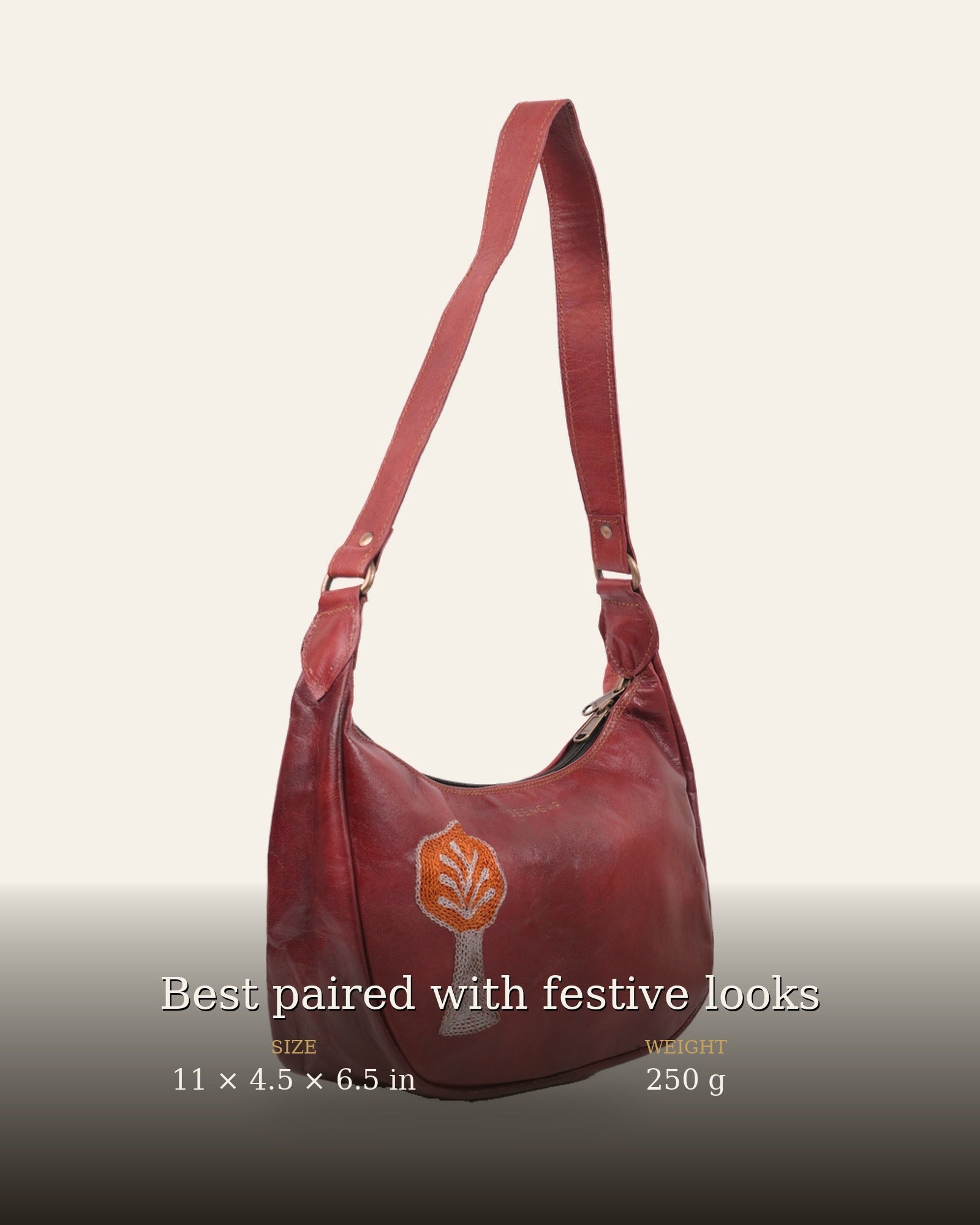 The Kashida Shoulder Bag — size and weight details, 11 x 4.5 x 6.5 in, 250 g