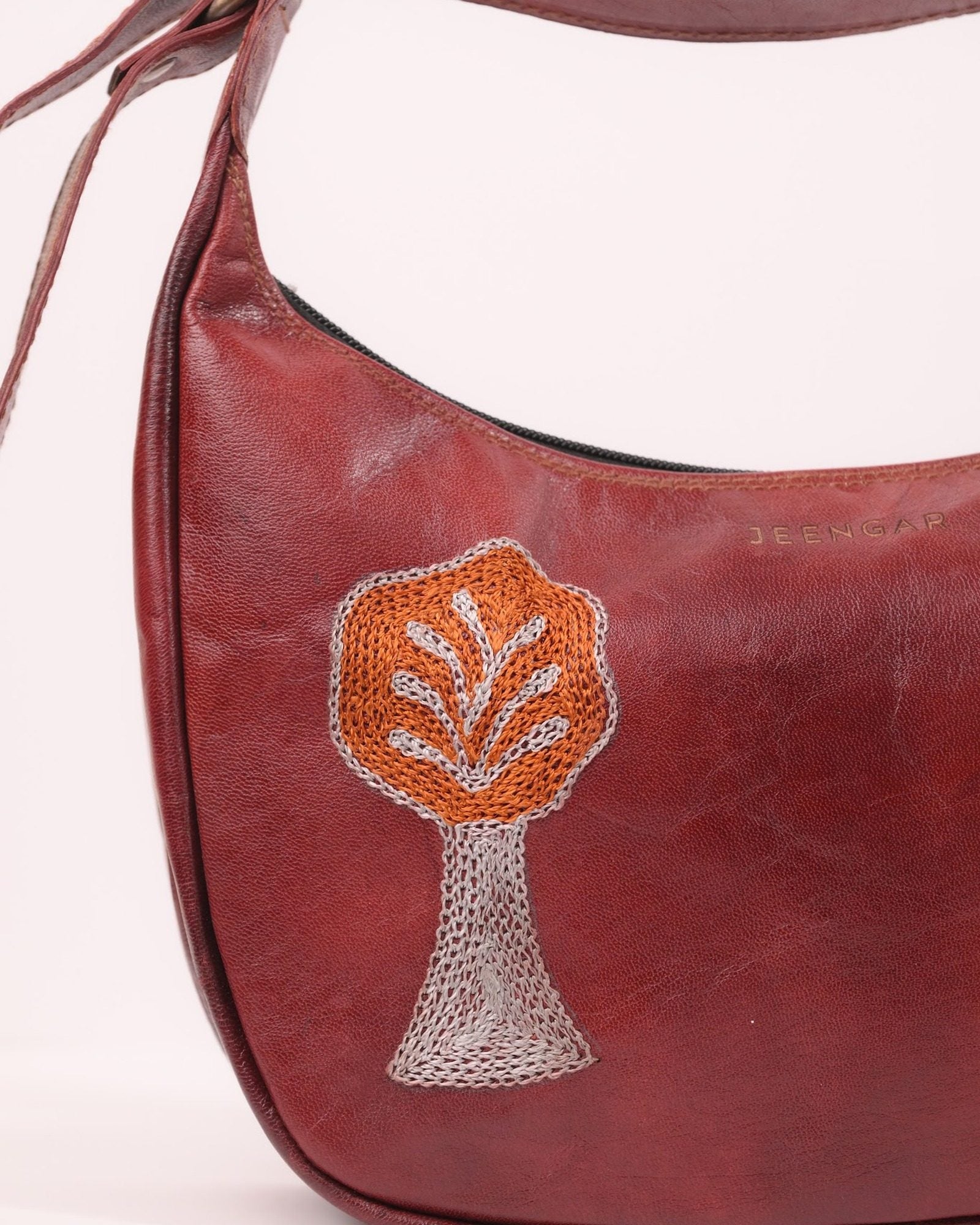 The Kashida Shoulder Bag — closeup of the hand-embroidered Padmini Tree of Life motif