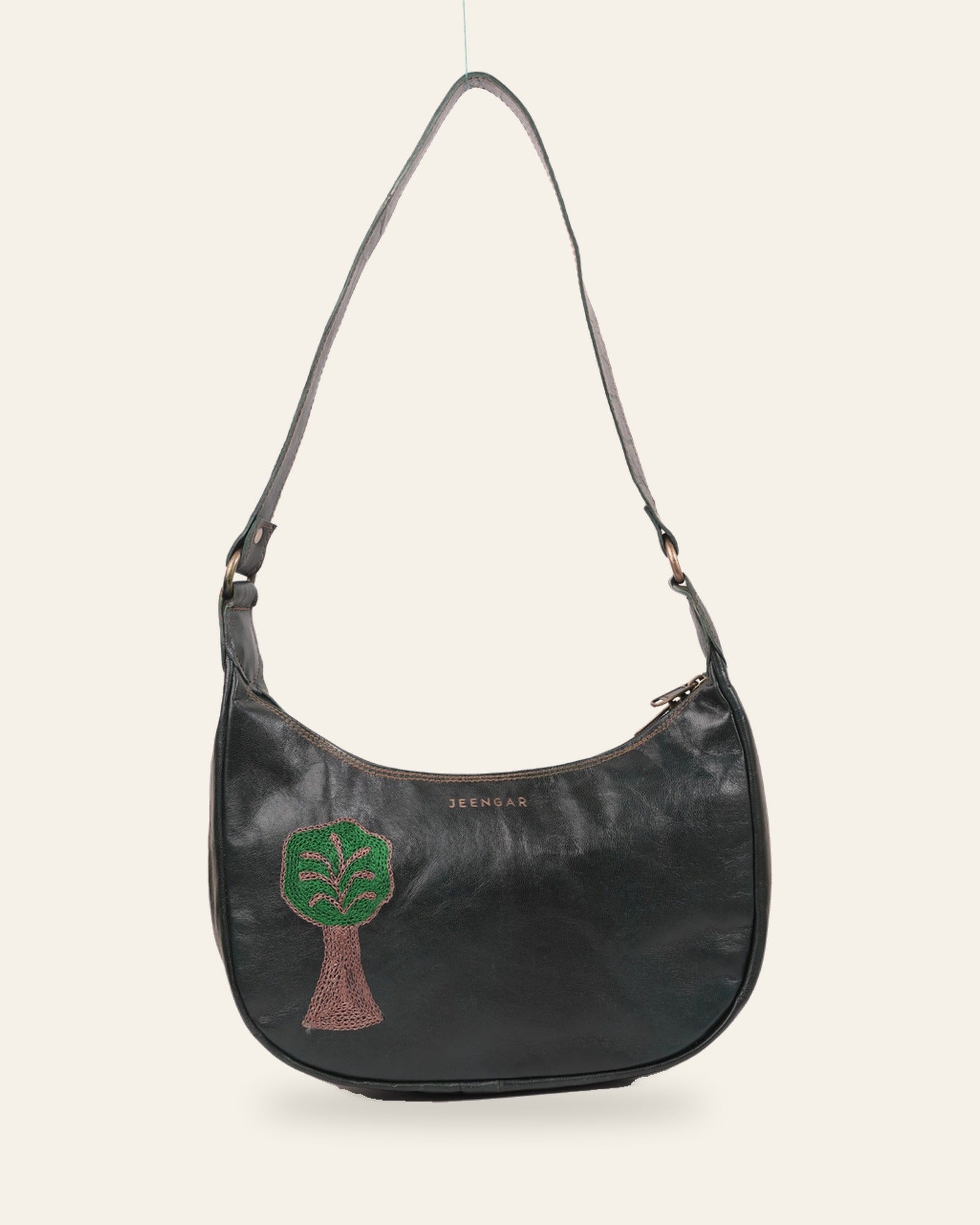 The Kashida Shoulder Bag — Padmini Tree of Life motif in Dark Olive, hand-embroidered real leather, front view