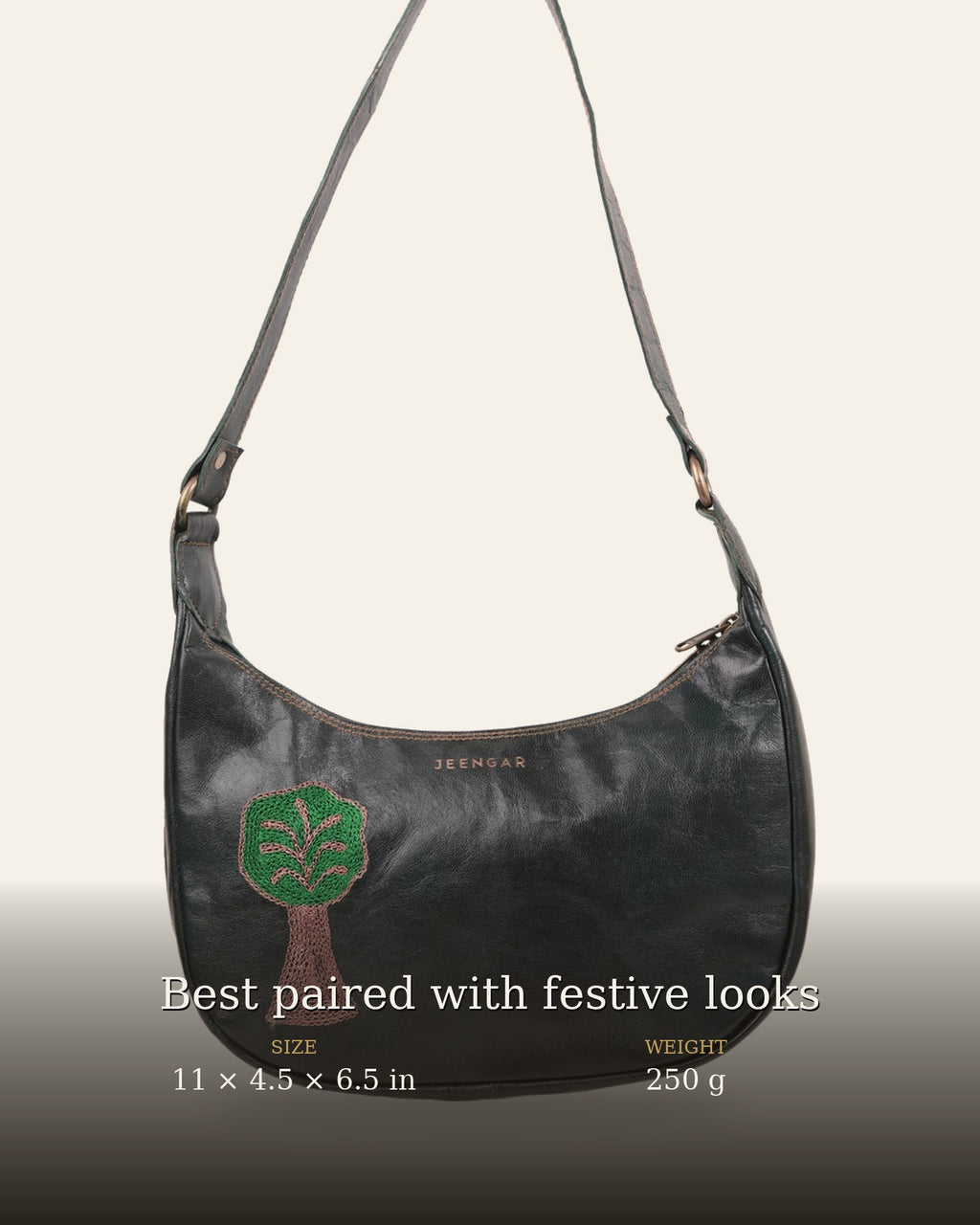 The Kashida Shoulder Bag — size and weight details, 11 x 4.5 x 6.5 in, 250 g