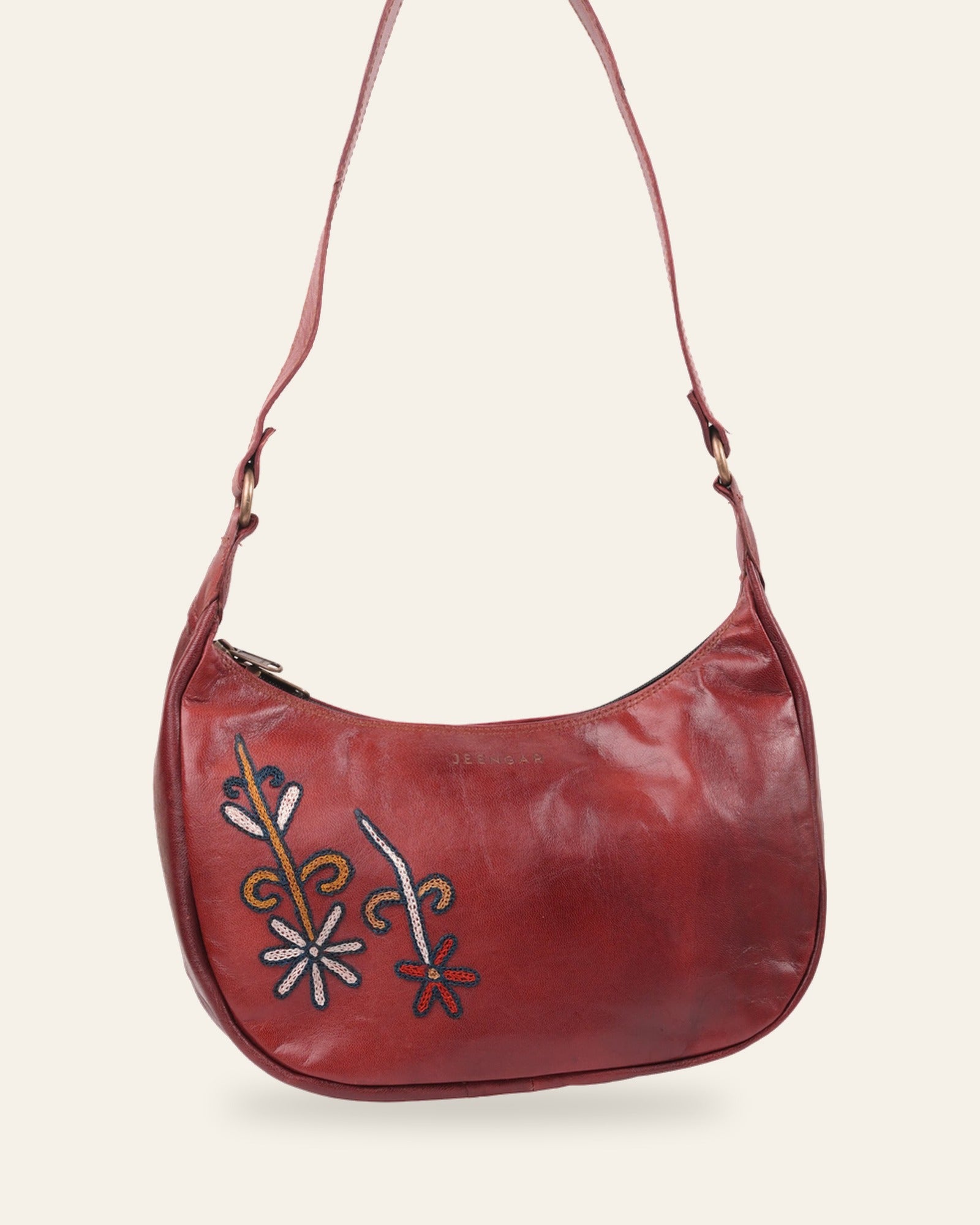 The Kashida Shoulder Bag — Mira floral motif in Cherry, hand-embroidered real leather, front view
