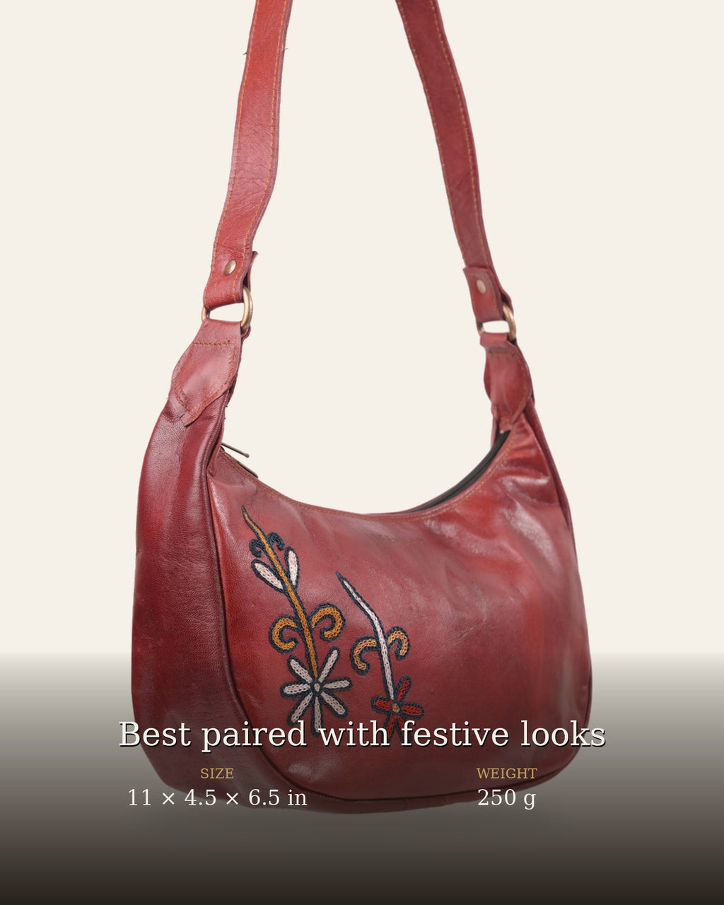 The Kashida Shoulder Bag — size and weight details, 11 x 4.5 x 6.5 in, 250 g