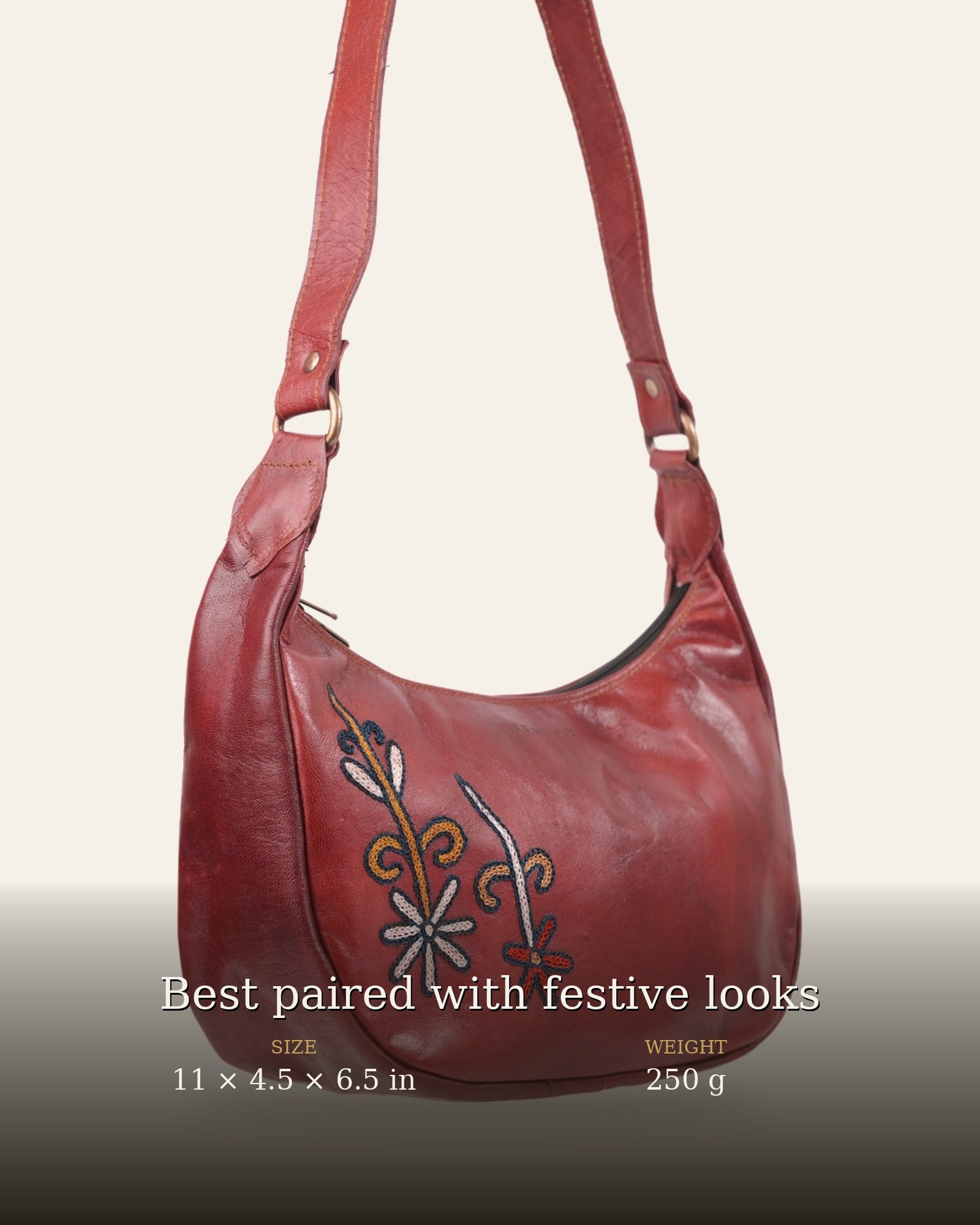 The Kashida Shoulder Bag — size and weight details, 11 x 4.5 x 6.5 in, 250 g