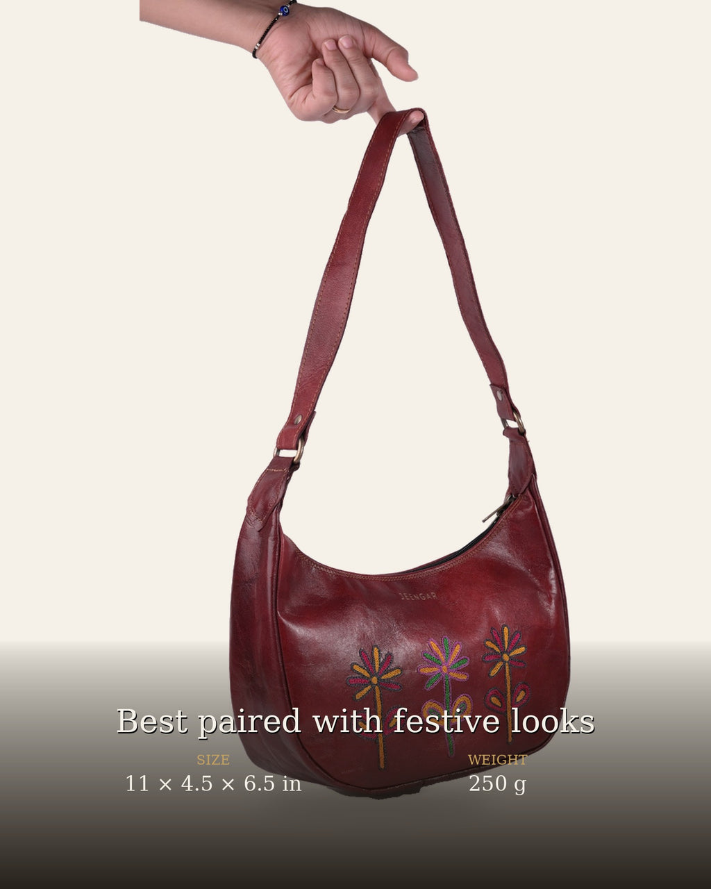 The Kashida Shoulder Bag — size and weight details, 11 x 4.5 x 6.5 in, 250 g