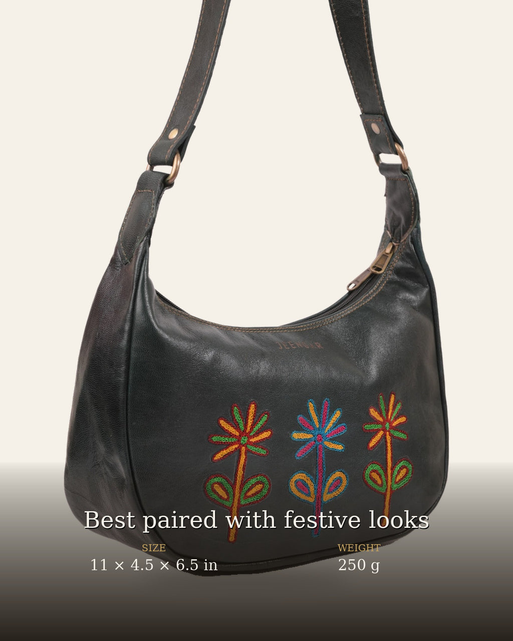 The Kashida Shoulder Bag — size and weight details, 11 x 4.5 x 6.5 in, 250 g