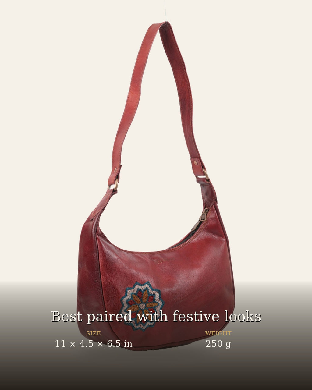The Kashida Shoulder Bag — size and weight details, 11 x 4.5 x 6.5 in, 250 g