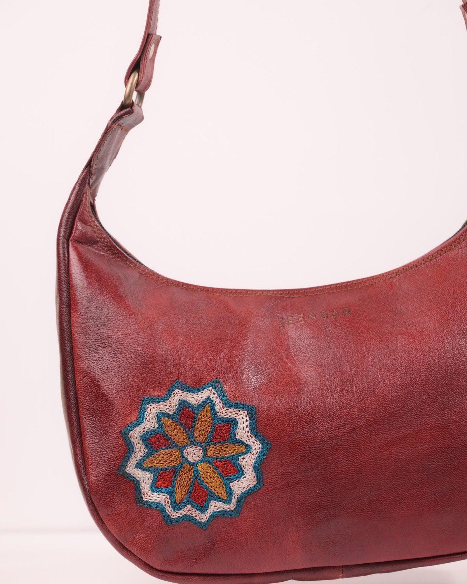 The Kashida Shoulder Bag — closeup of the hand-embroidered Hadi mandala medallion
