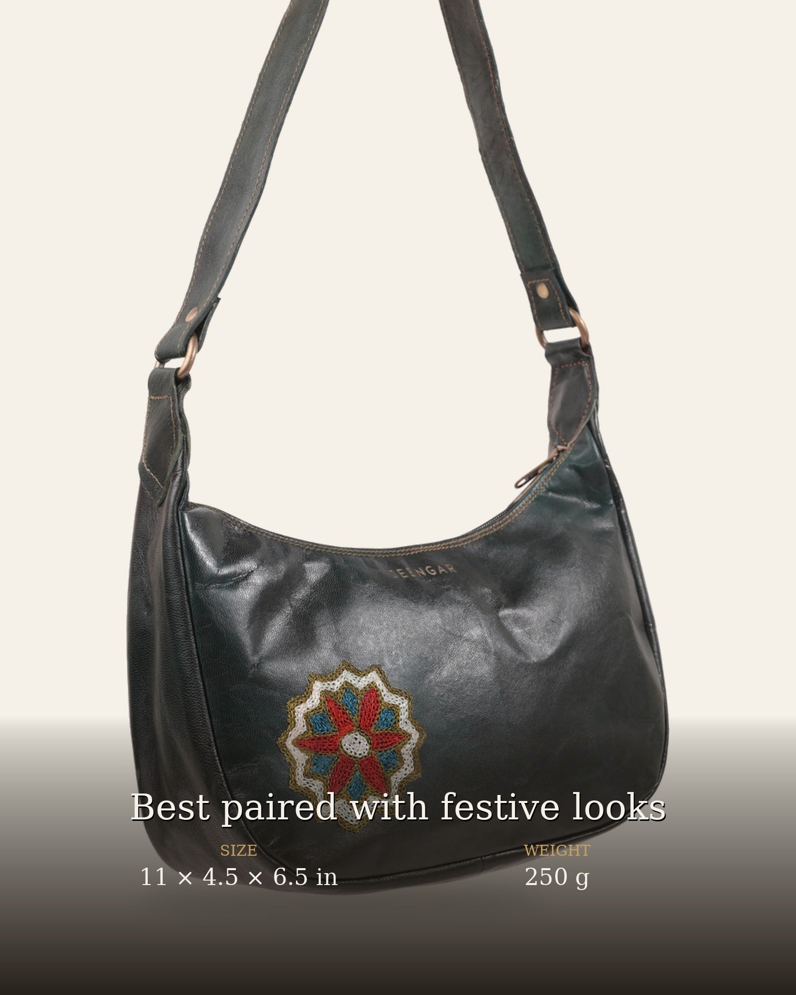 The Kashida Shoulder Bag — size and weight details, 11 x 4.5 x 6.5 in, 250 g