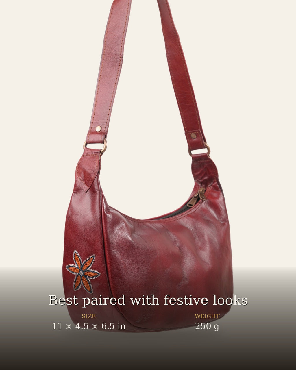 The Kashida Shoulder Bag — size and weight details, 11 x 4.5 x 6.5 in, 250 g