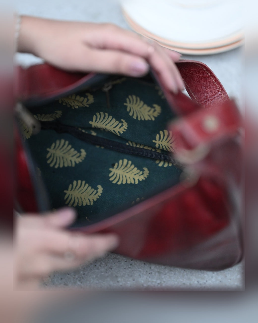 The Kashida Shoulder Bag — open top showing the block-printed lining