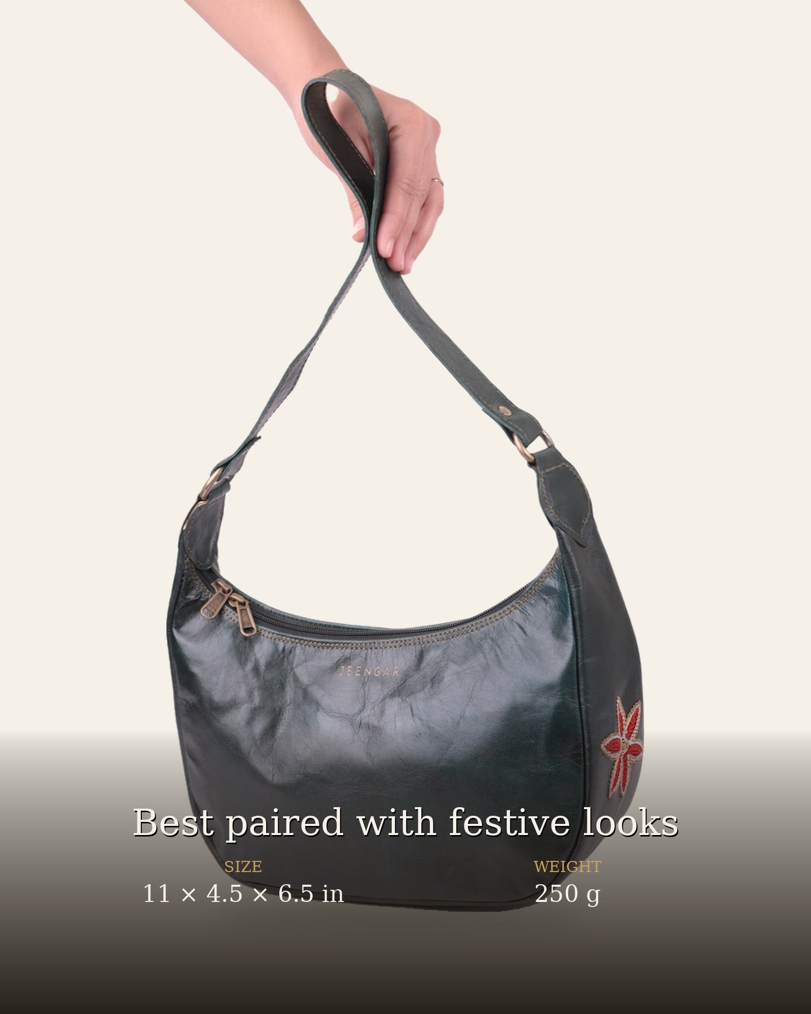 The Kashida Shoulder Bag — size and weight details, 11 x 4.5 x 6.5 in, 250 g