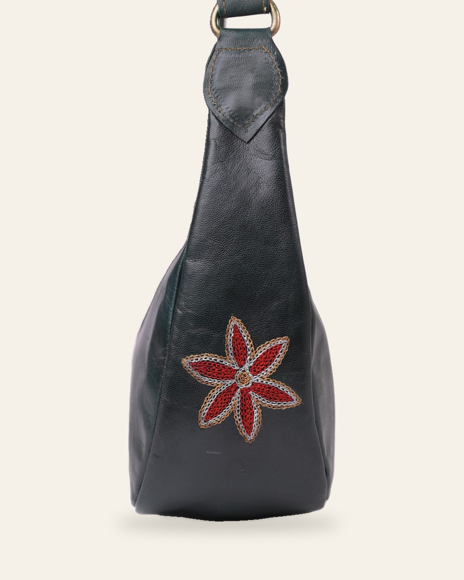 The Kashida Shoulder Bag — Dark Olive side profile with Moomal motif