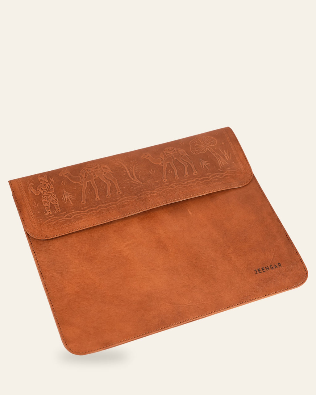 The Barmer Tech Sleeve (15-inch) in Tan — three-quarter view