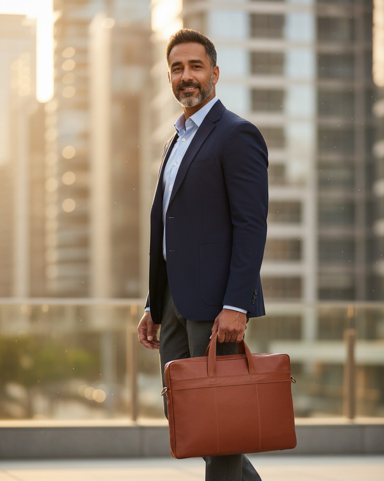 The Mehrangarh Briefcase carried by hand on a city street — real leather laptop briefcase
