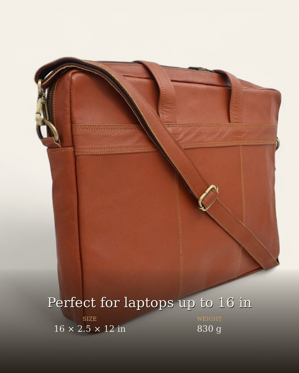 The Mehrangarh Briefcase — size and weight details, fits laptops up to 16 in