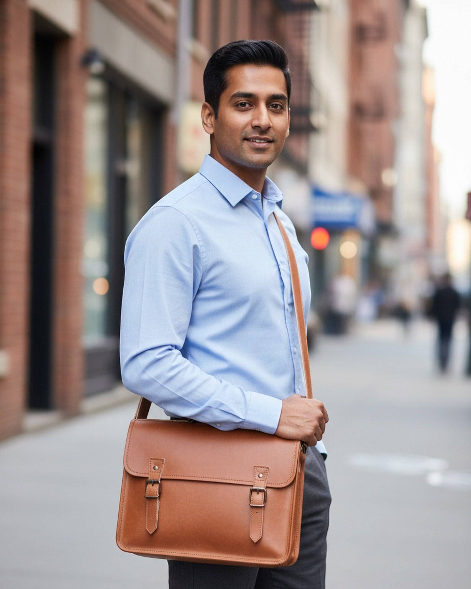 Man wearing The Jodhpur Messenger cross-body on a city street