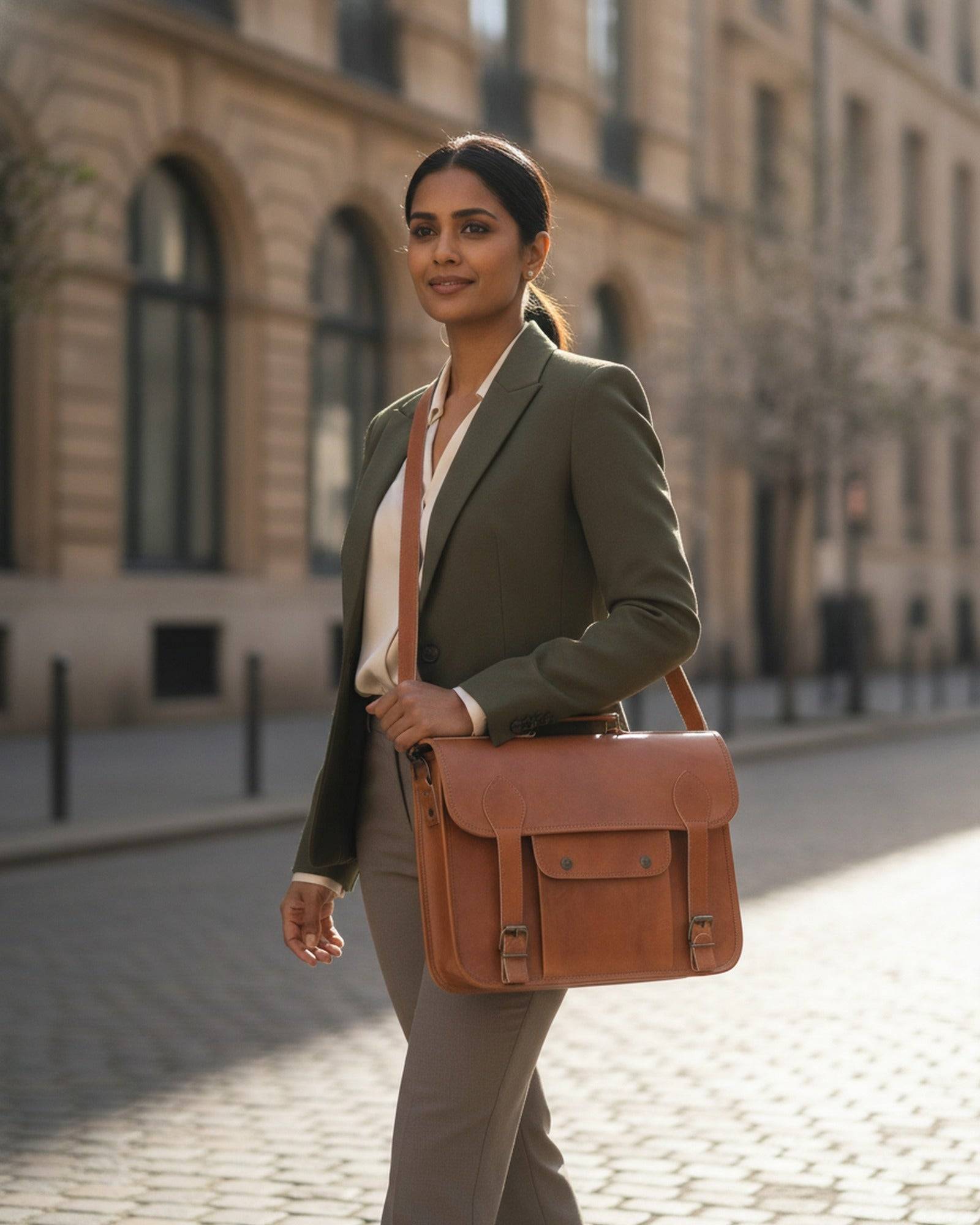 Woman wearing The Pali Laptop Bag cross-body on a city street