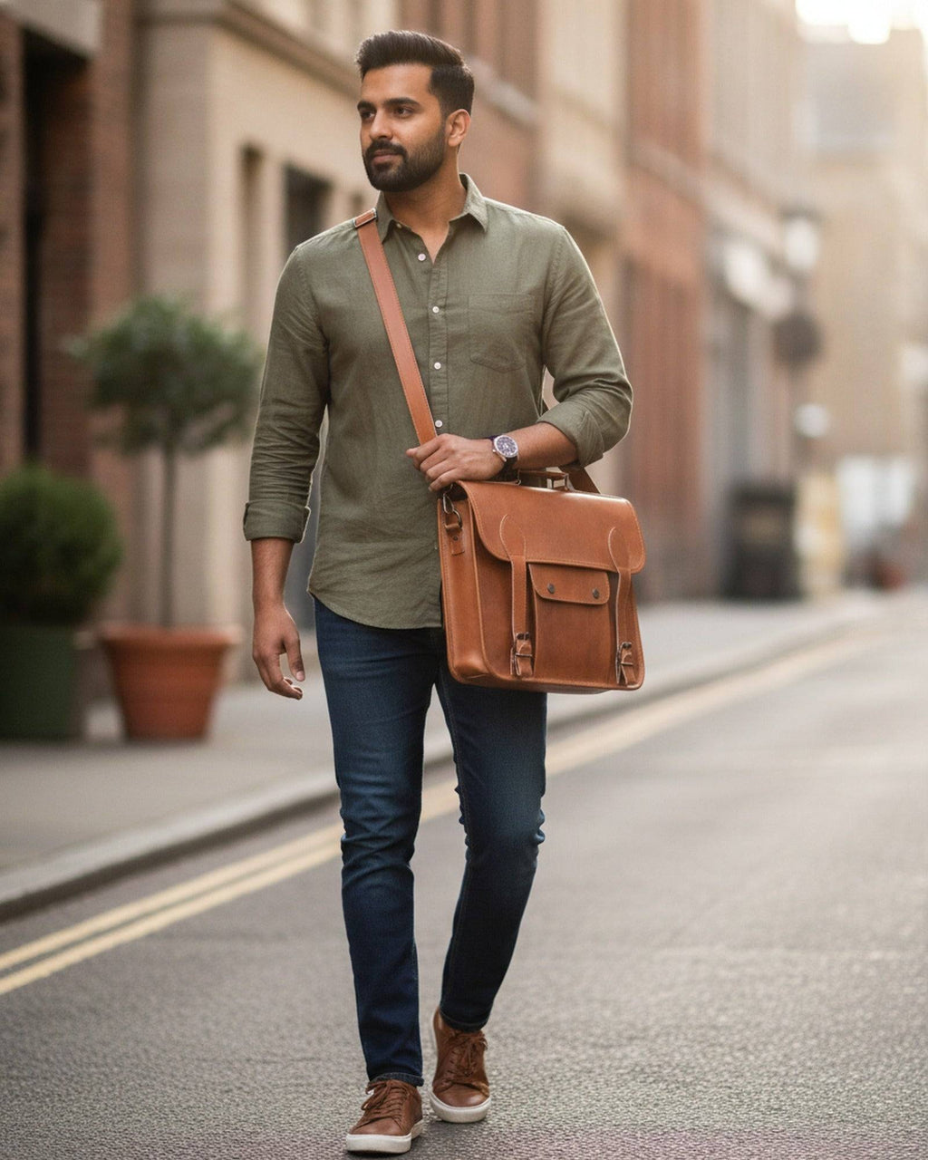 Man wearing The Pali Laptop Bag cross-body on a city street