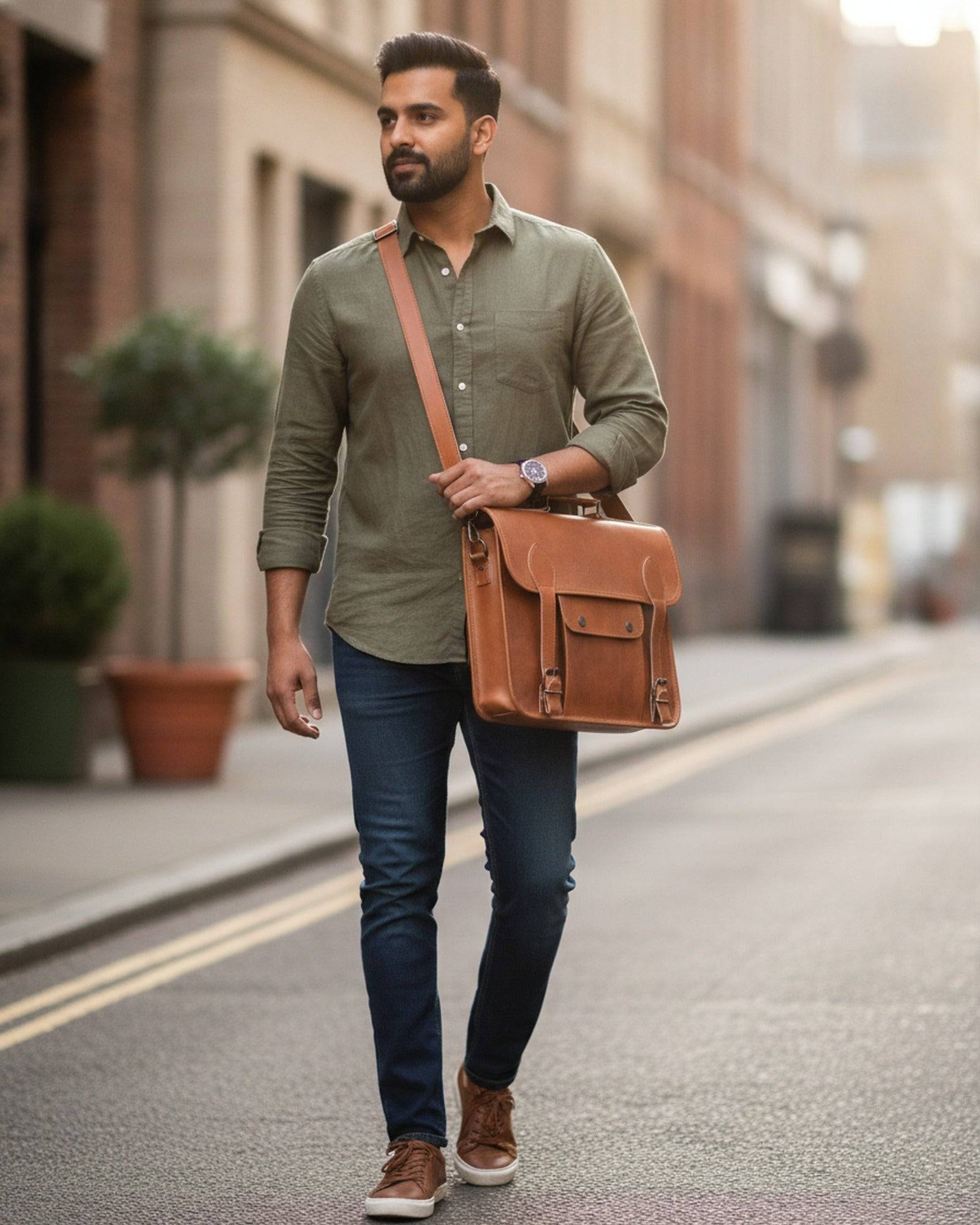 Man wearing The Pali Laptop Bag cross-body on a city street