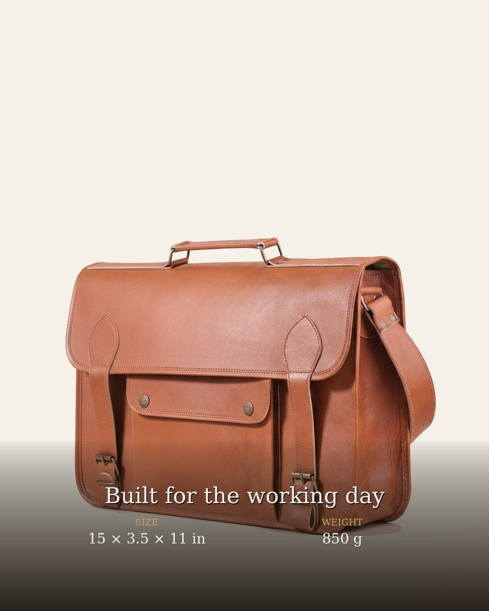 The Pali Laptop Bag at a three-quarter angle with size details