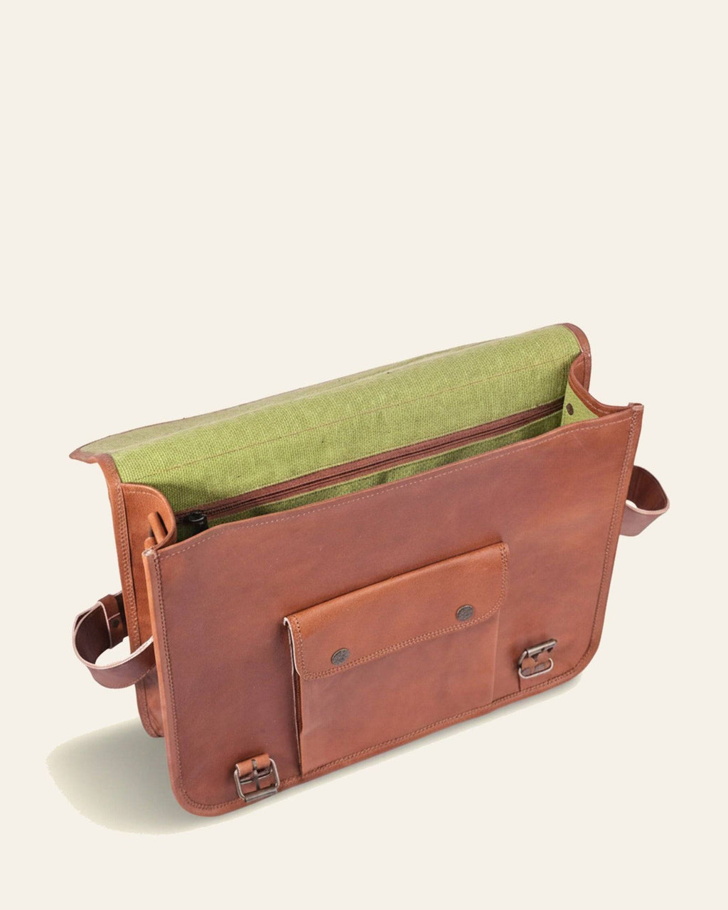 The Pali Laptop Bag open, revealing its bright-green canvas interior