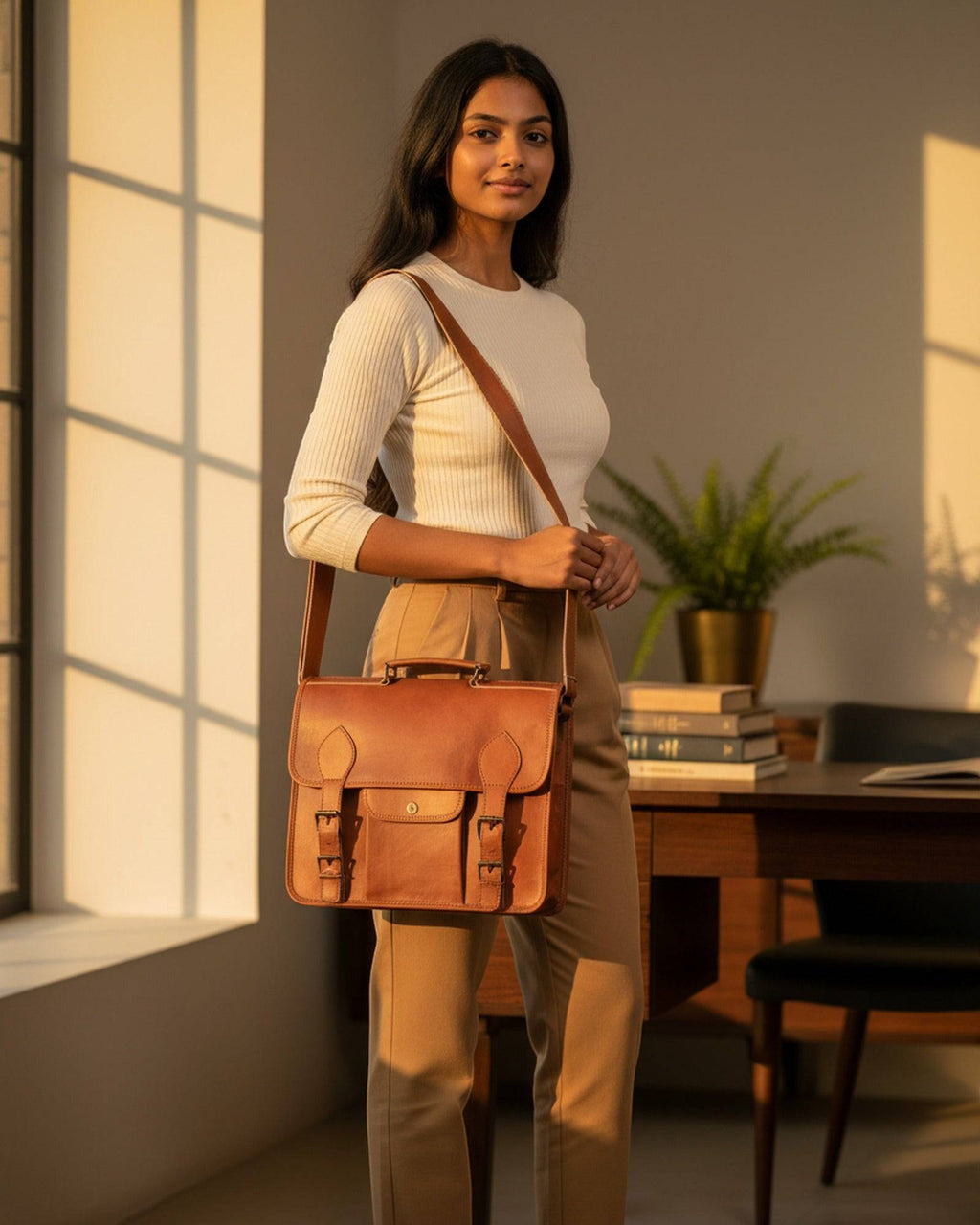 Woman professional carrying The Jaipur Laptop Bag crossbody