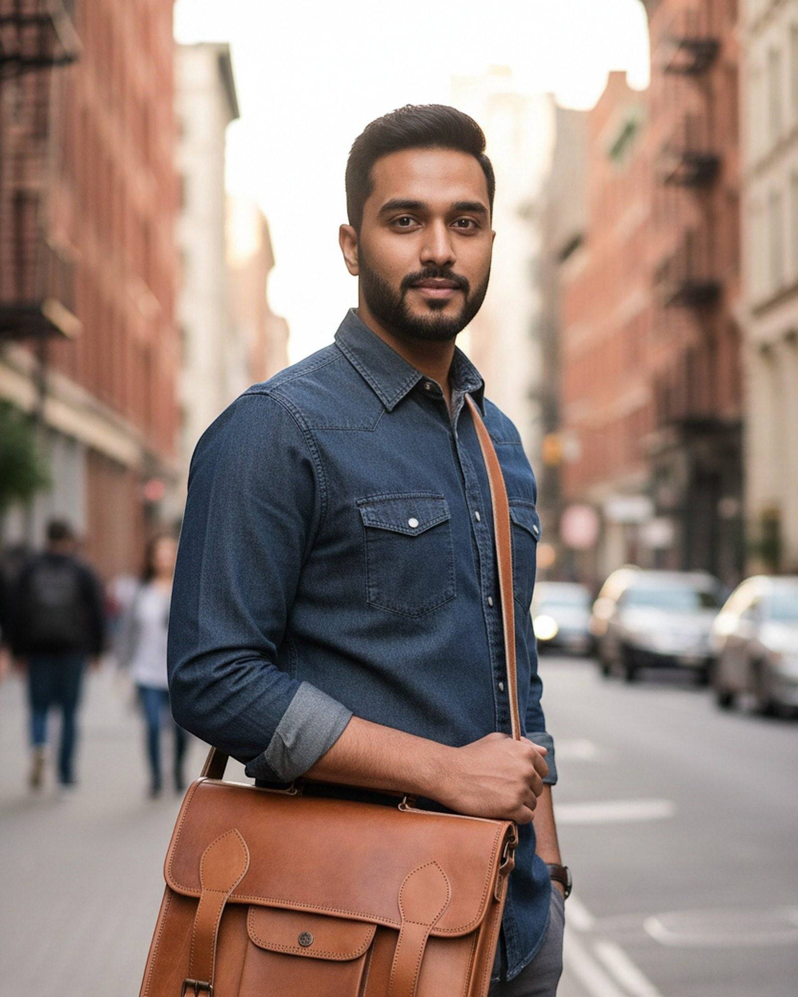 Man professional carrying The Jaipur Laptop Bag crossbody on a city street