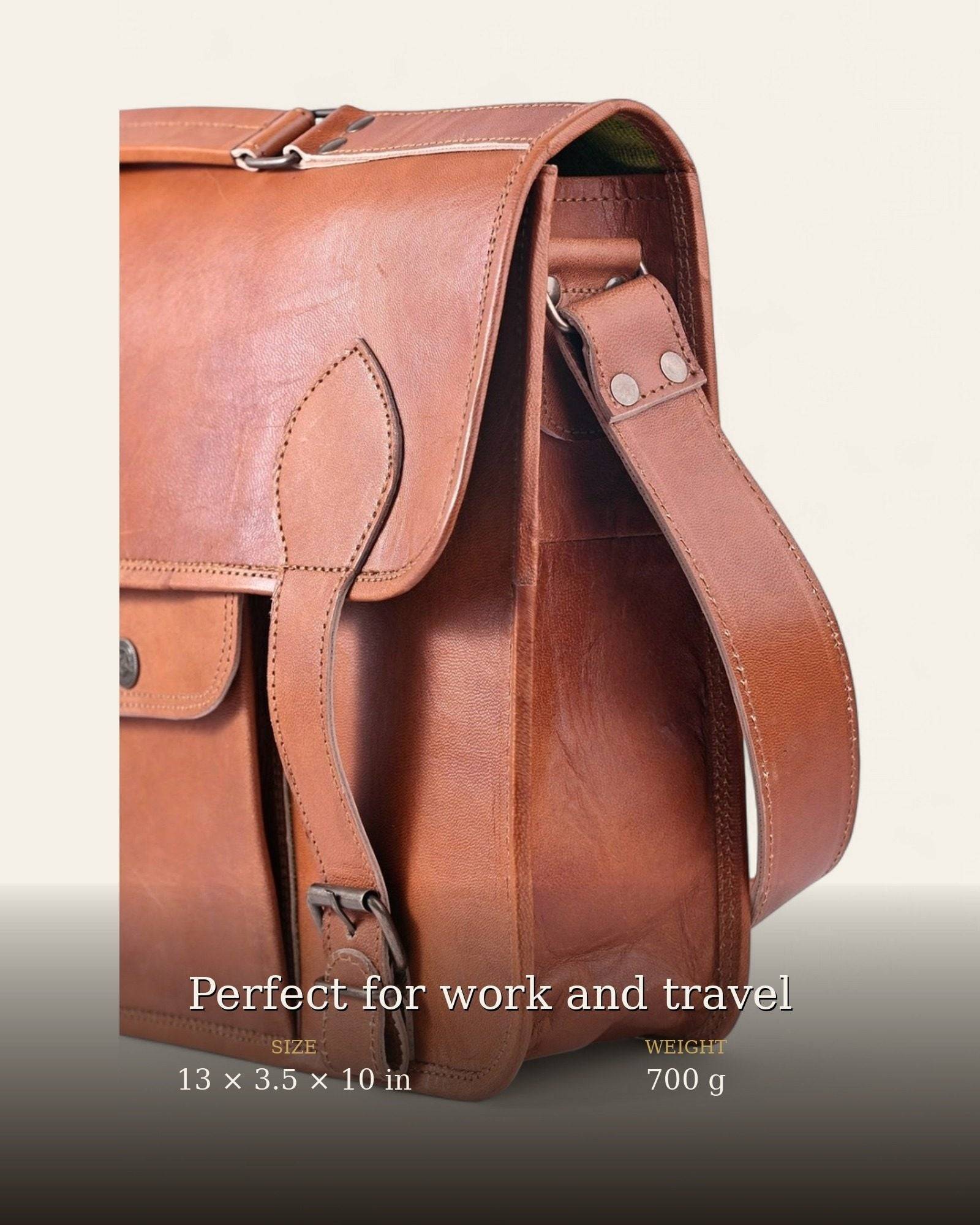 The Jaipur Laptop Bag at a three-quarter angle with size and weight details