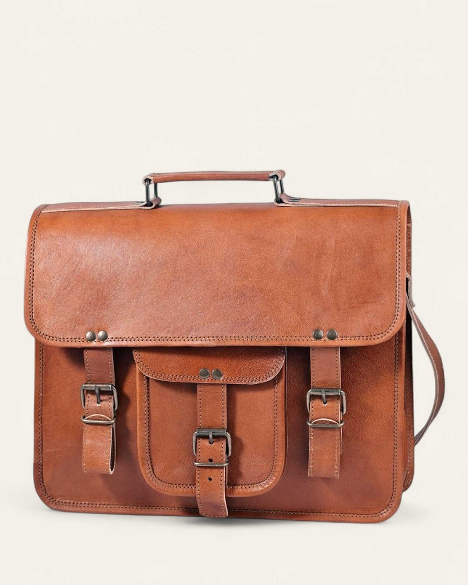 The Mewad Messenger — handcrafted leather messenger, front view