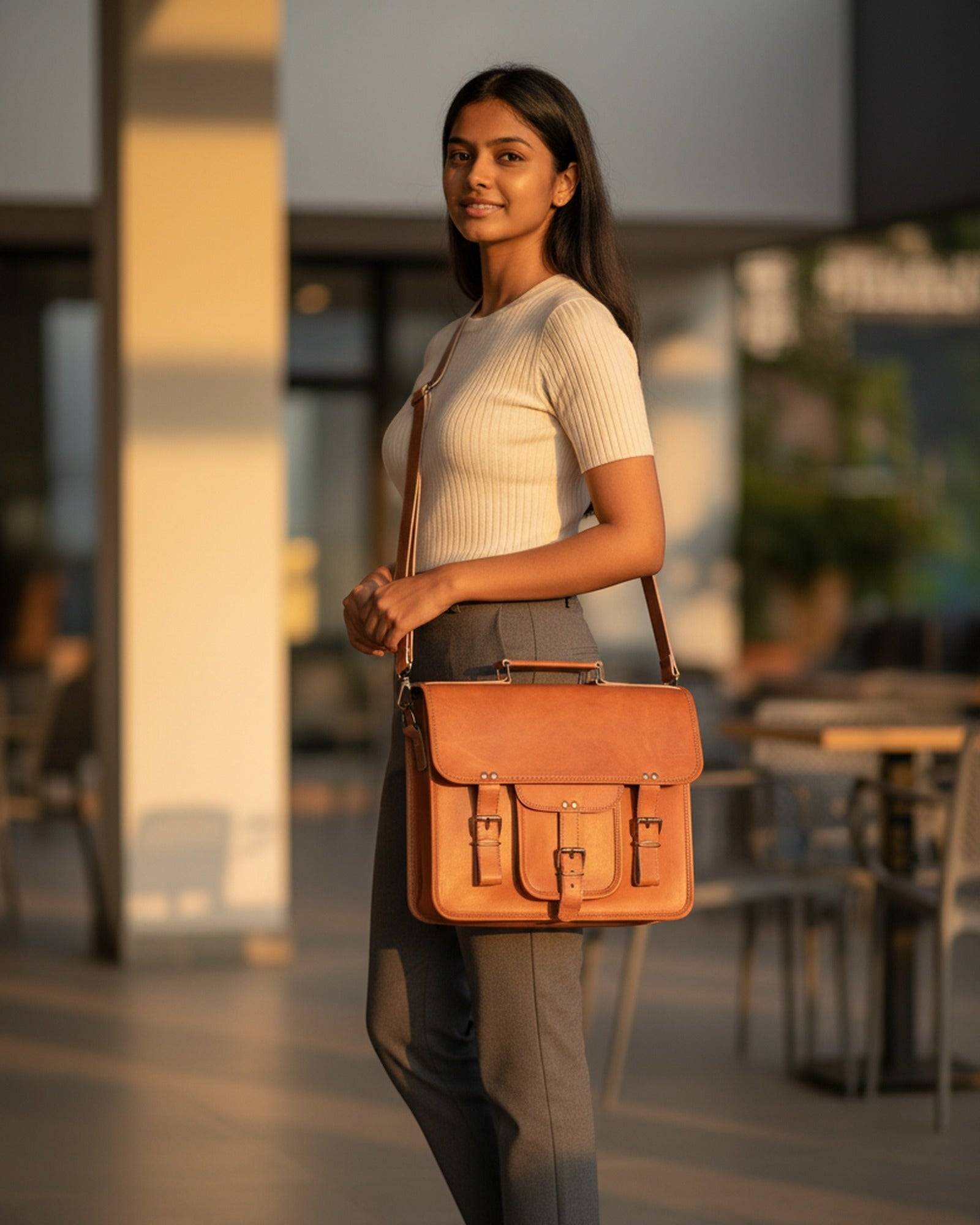 Woman wearing The Mewad Messenger cross-body