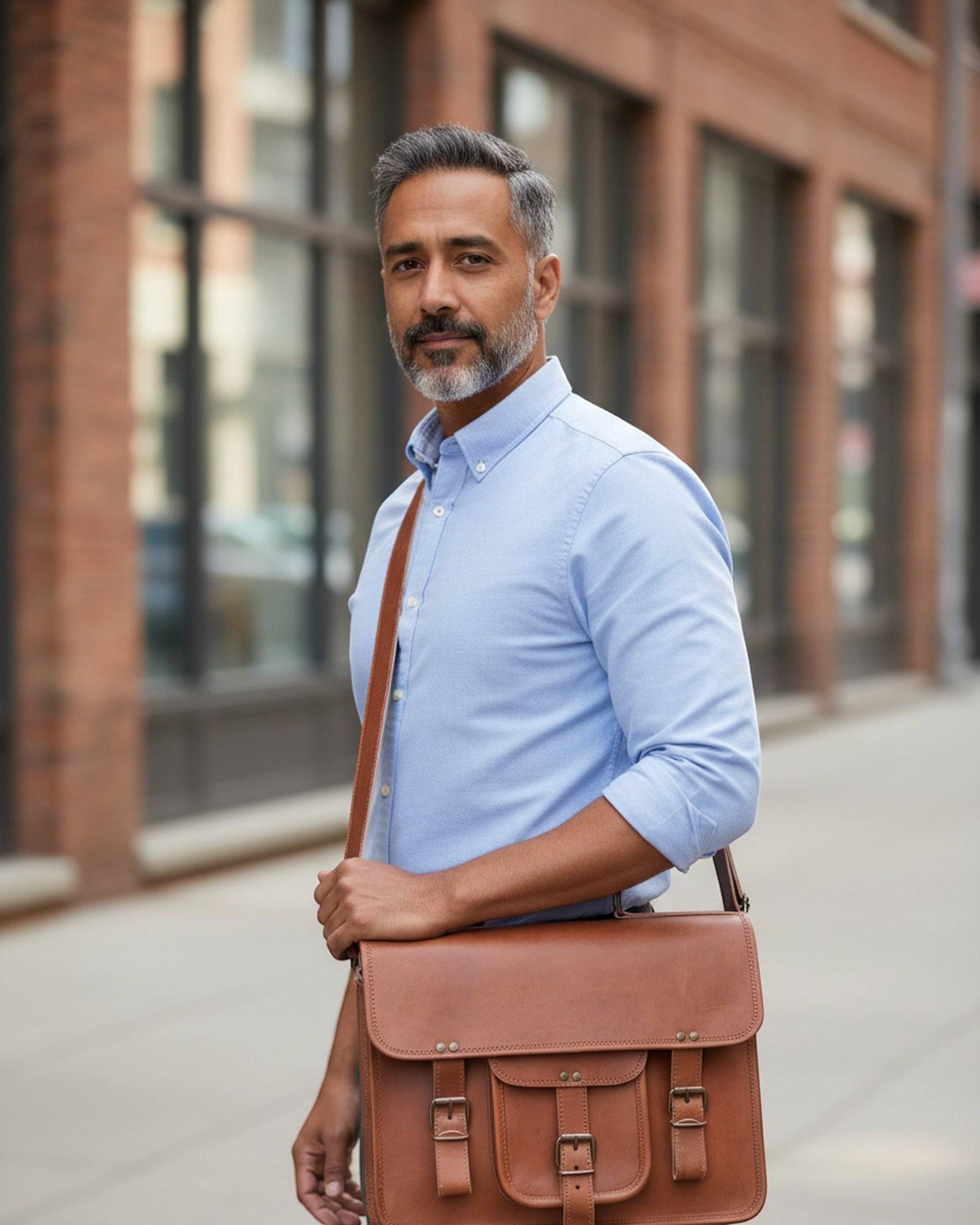 Man wearing The Mewad Messenger cross-body on a city street