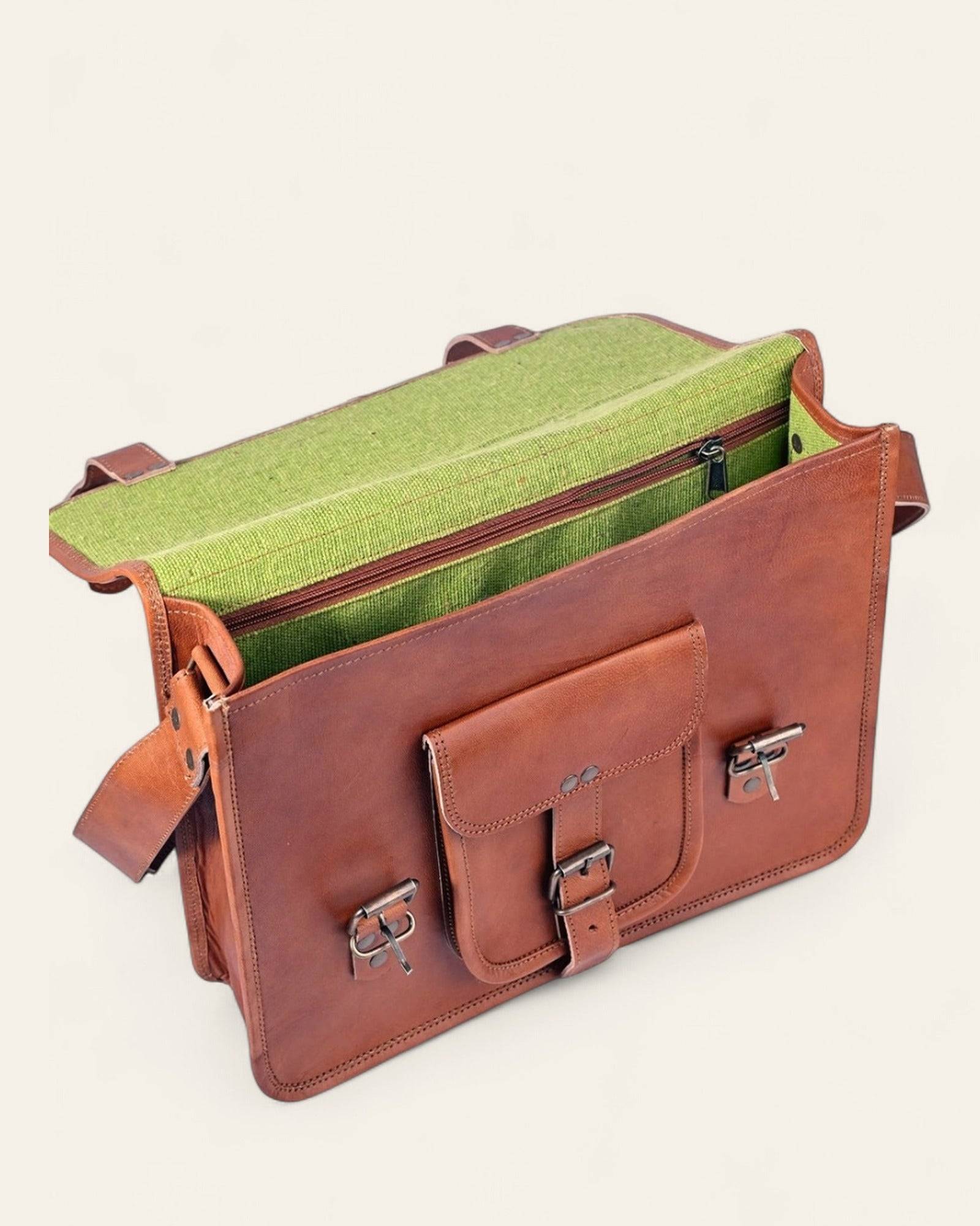 The Mewad Messenger open, revealing its bright-green canvas interior
