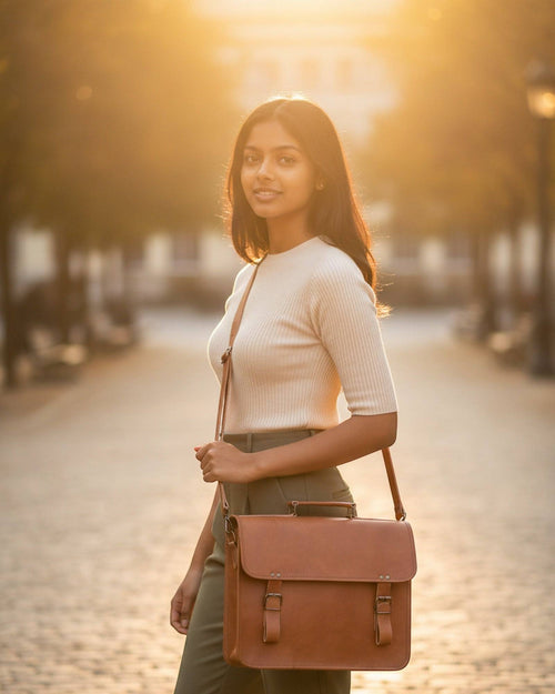 Woman professional carrying The Ajmer Laptop Bag crossbody
