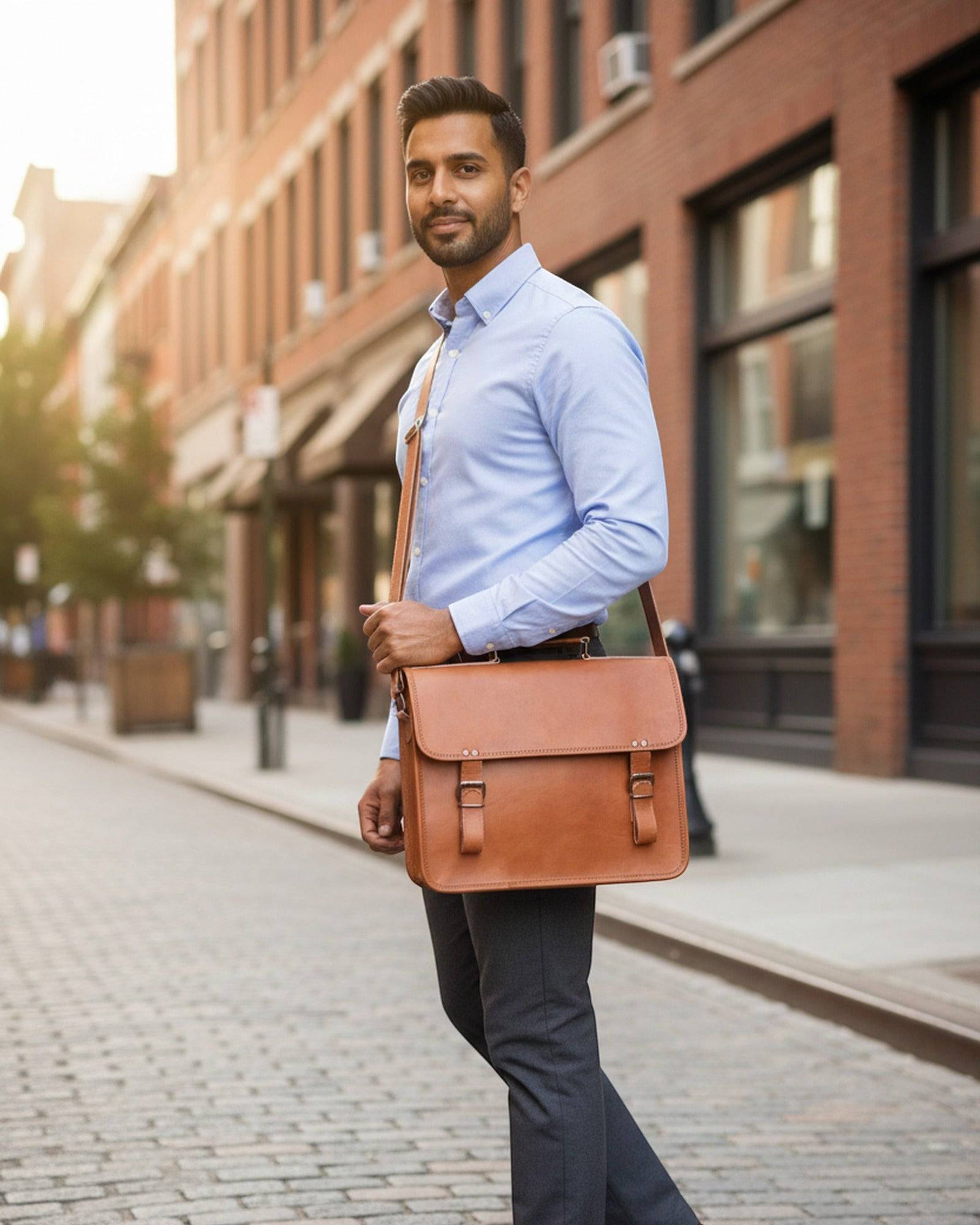 Man professional carrying The Ajmer Laptop Bag crossbody on a city street