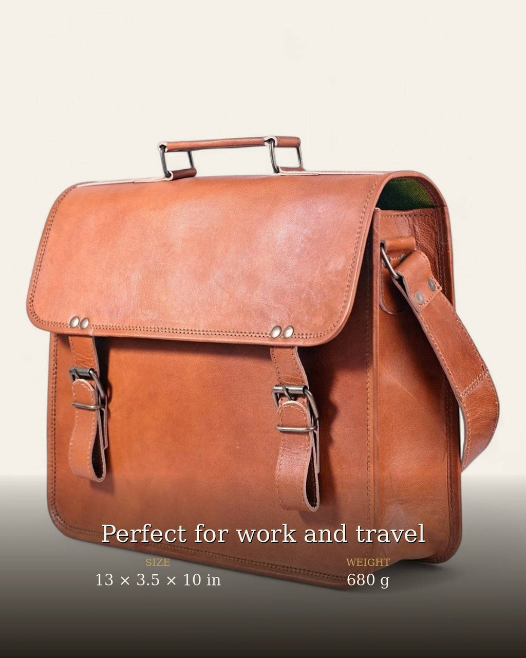 The Ajmer Laptop Bag at a three-quarter angle with size details