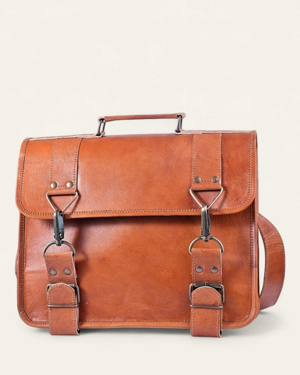 The Mangla Laptop Bag — handcrafted leather messenger, front view