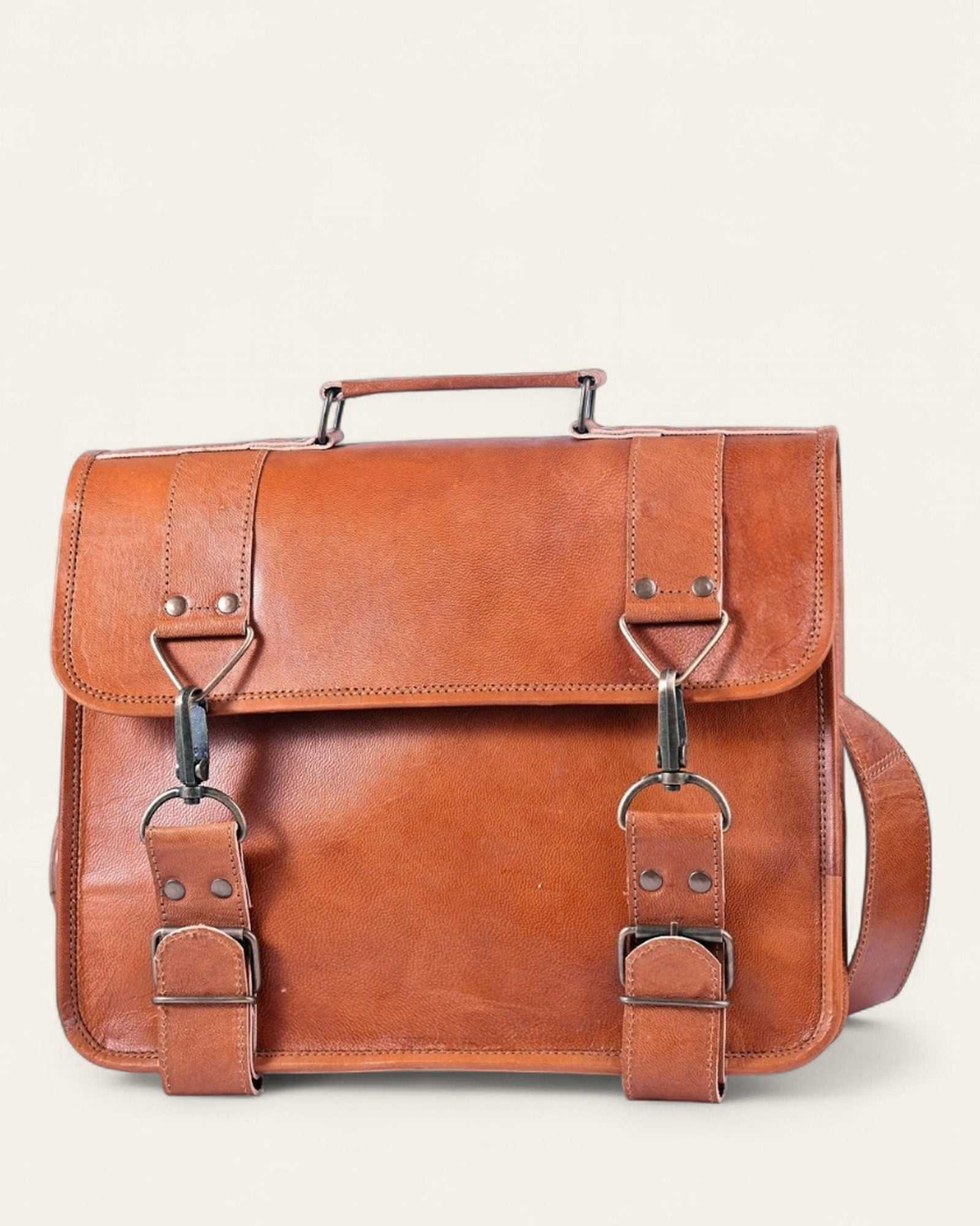 The Mangla Laptop Bag — handcrafted leather messenger, front view