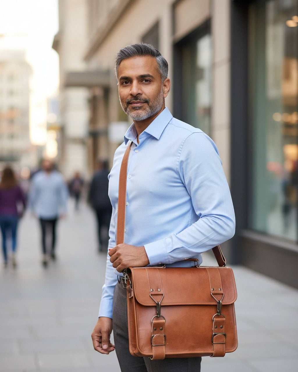 Man wearing The Mangla Laptop Bag cross-body on a city street