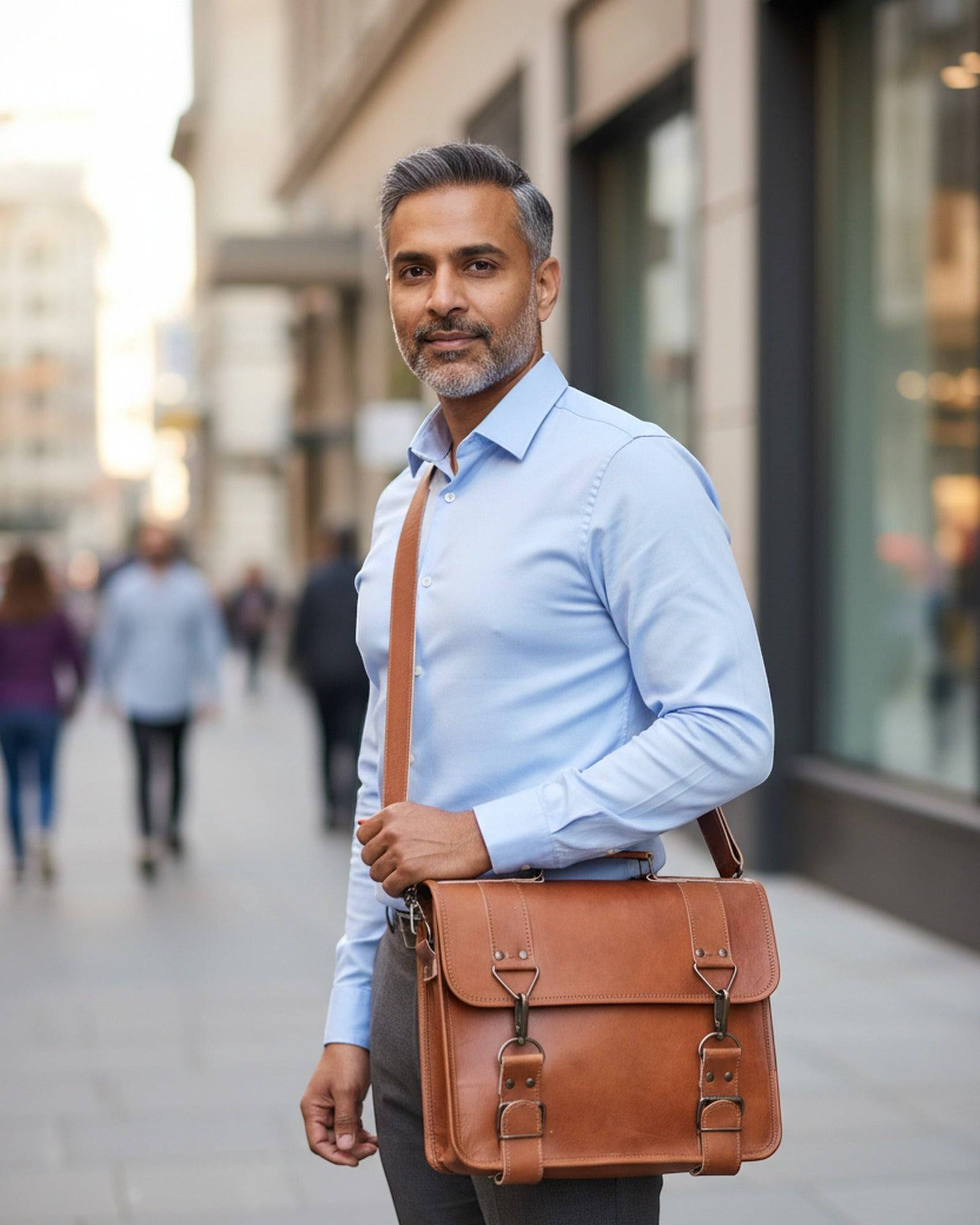 Man wearing The Mangla Laptop Bag cross-body on a city street