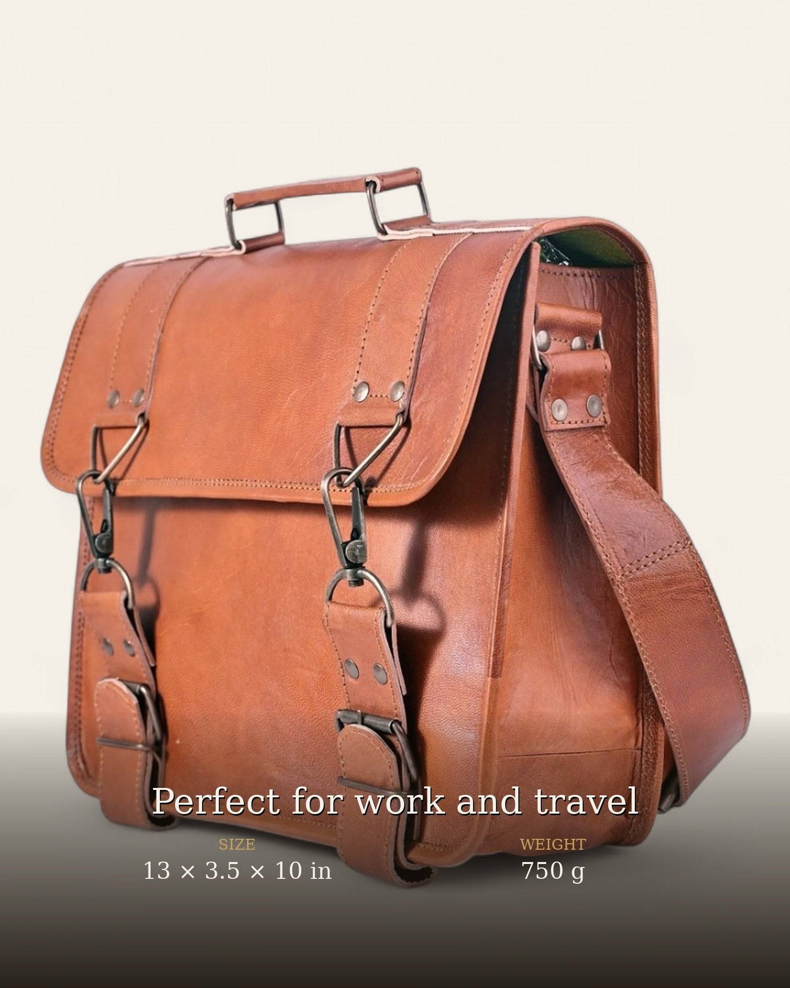 The Mangla Laptop Bag at a three-quarter angle with size details