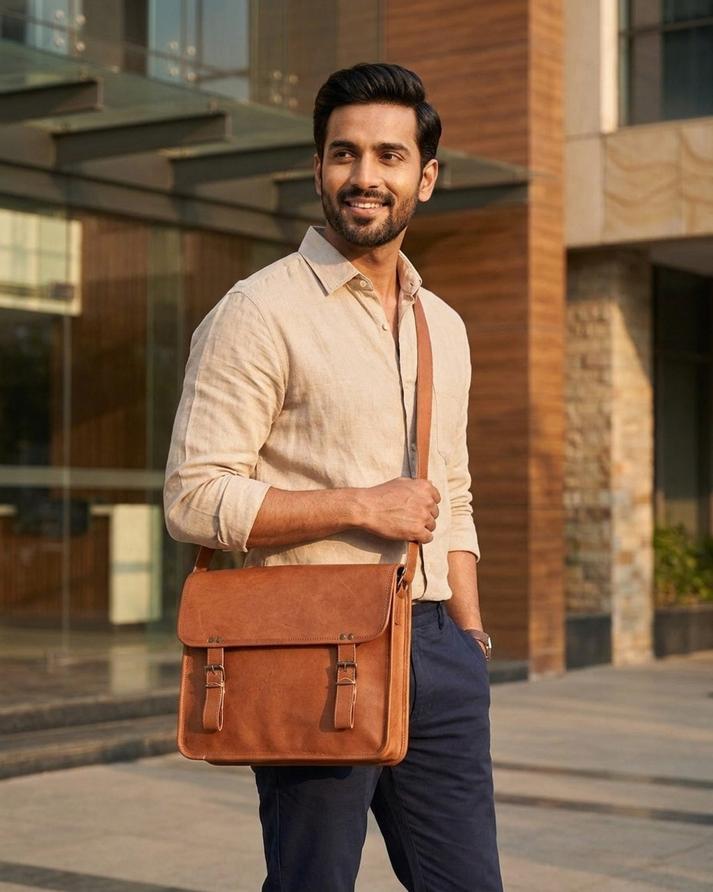 The Umaid Briefcase 15-16 in worn crossbody outside a modern office