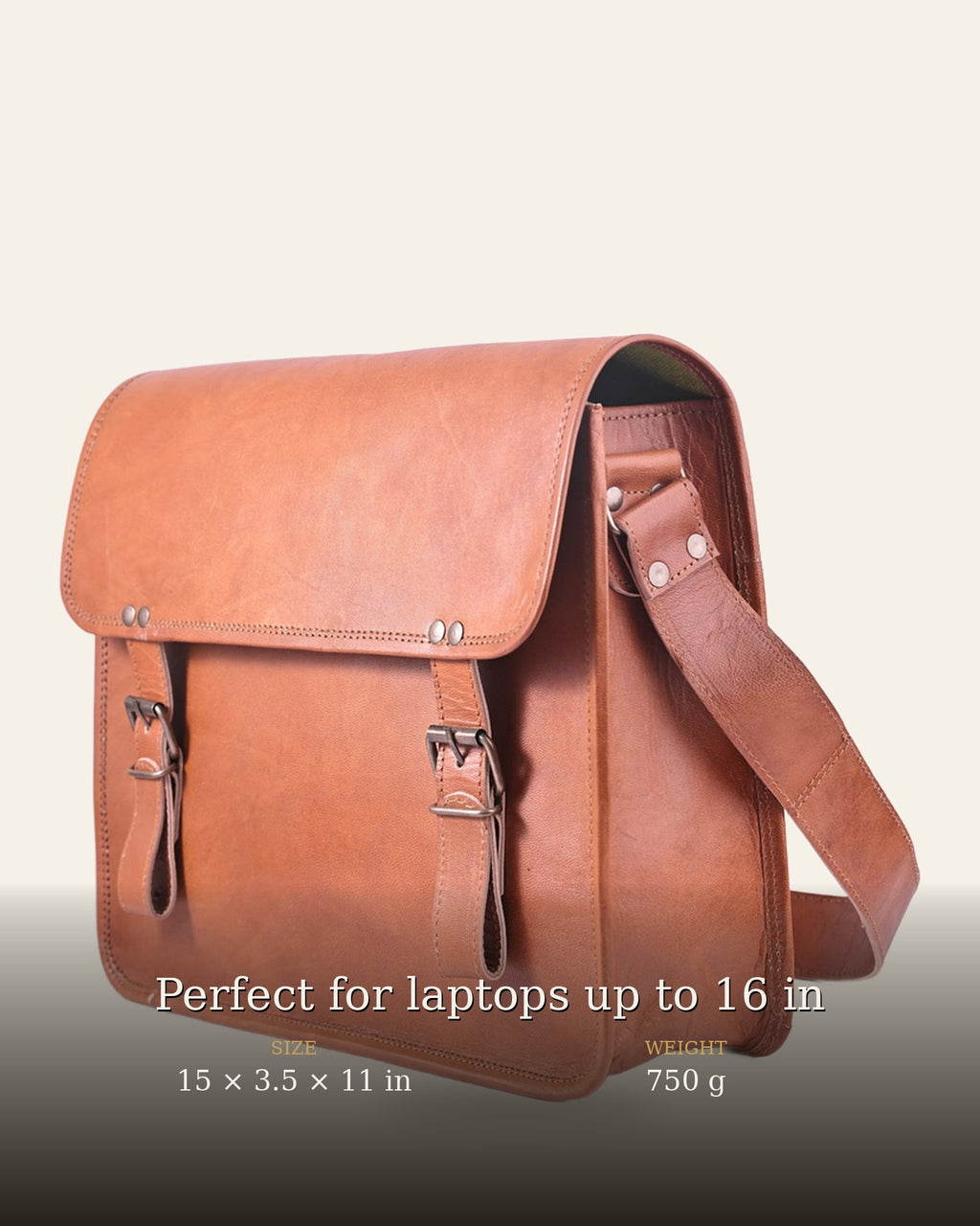 The Umaid Briefcase 15-16 in — size and weight details, 15 x 3.5 x 11 in, 750 g