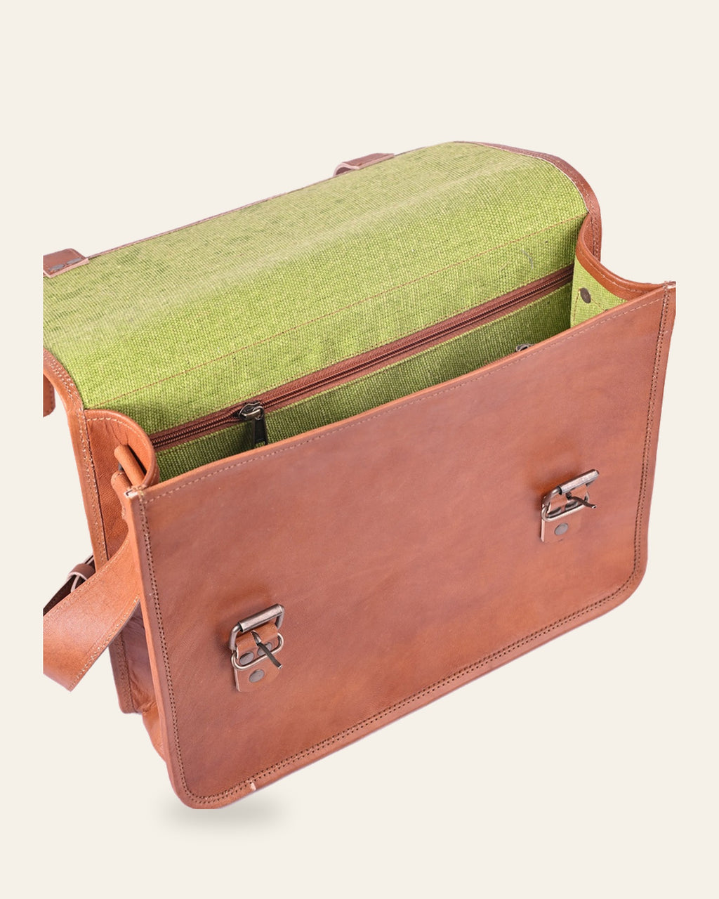 The Umaid Briefcase 15-16 in — open top showing the green canvas interior