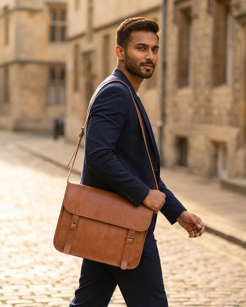 The Umaid Briefcase 13-14 in worn crossbody on a city street