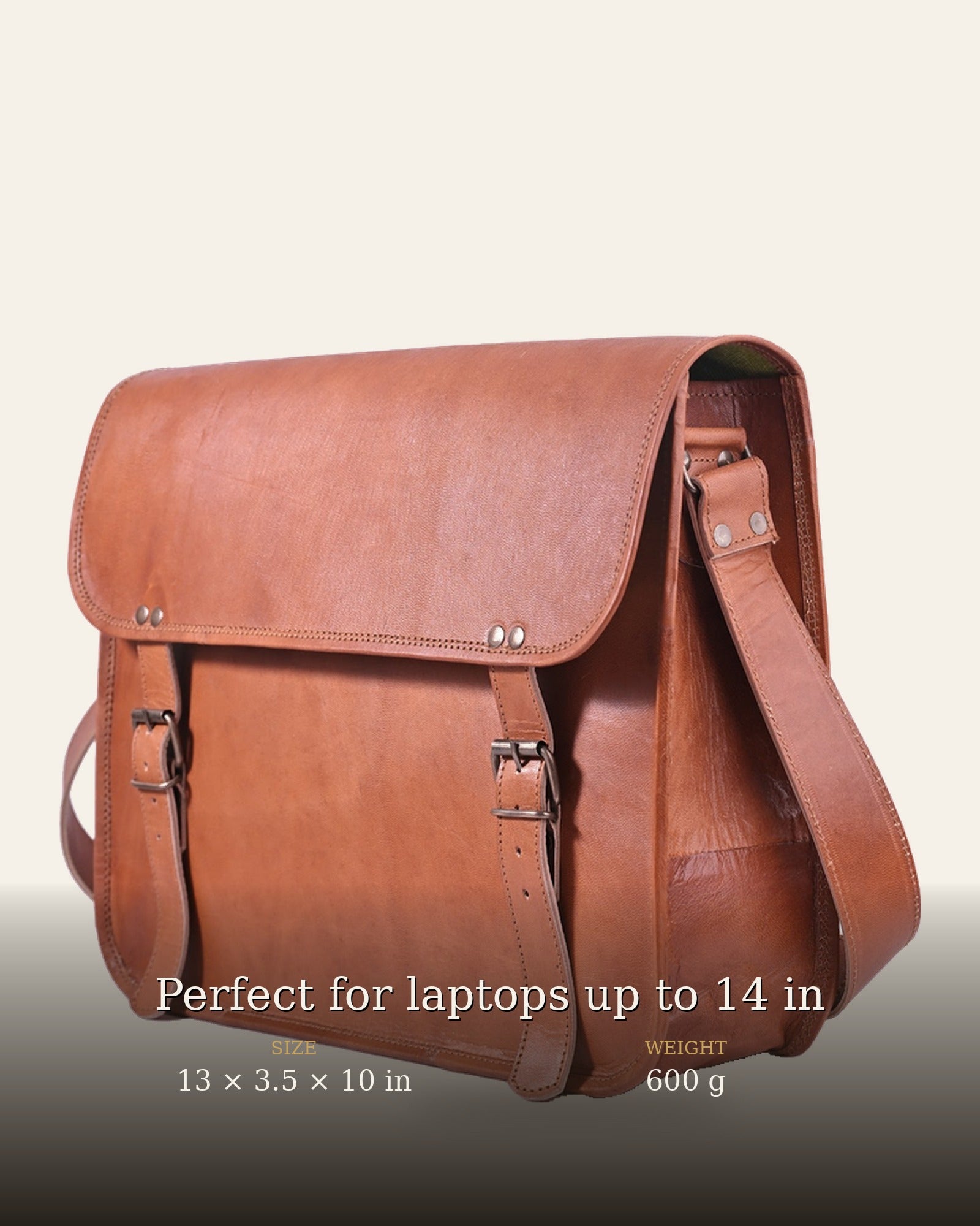 The Umaid Briefcase 13-14 in — size and weight details, 13 x 3.5 x 10 in, 600 g