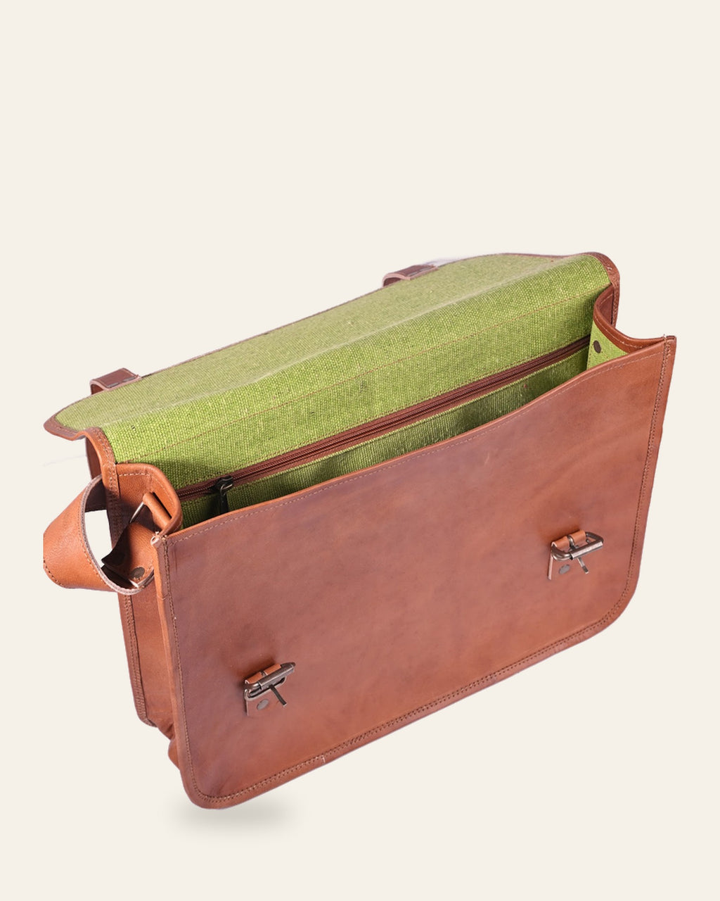The Umaid Briefcase 13-14 in — open top showing the green canvas interior