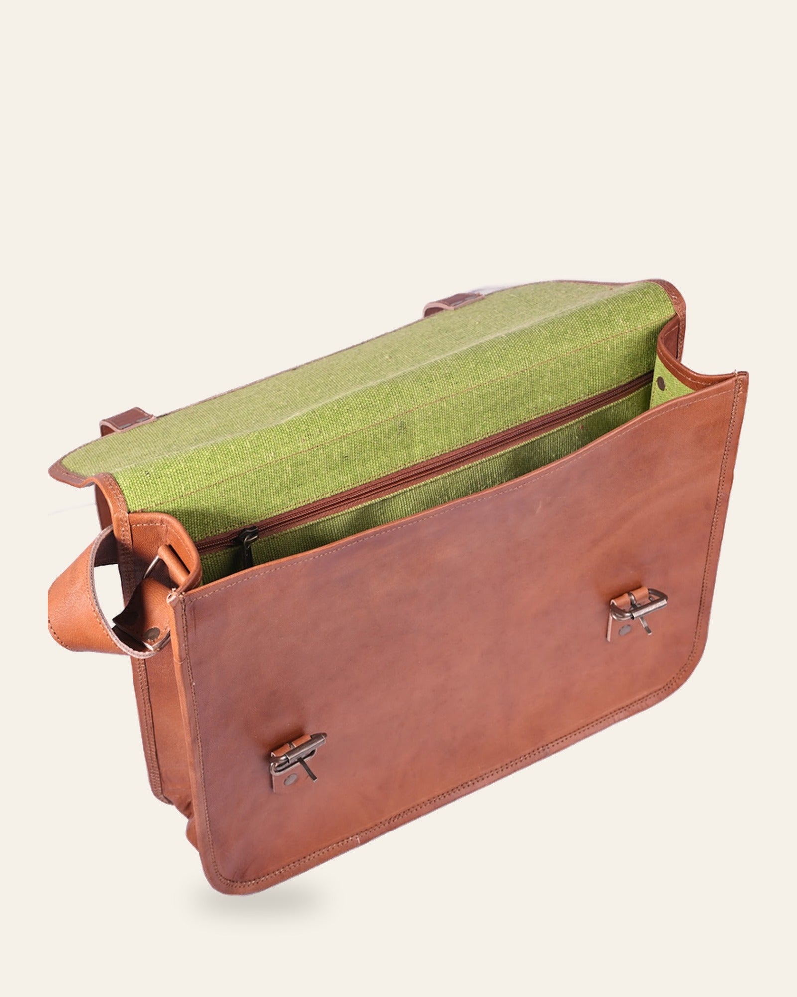 The Umaid Briefcase 13-14 in — open top showing the green canvas interior